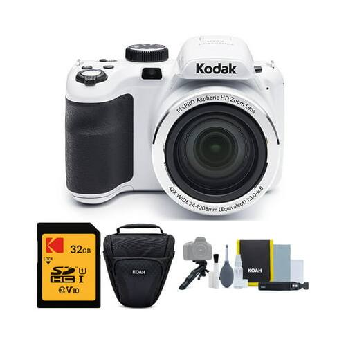 The image features a white Kodak camera with a black strap, sitting on a white background. The camera is accompanied by a Kodak memory card and a Kodak case. The camera is a Kodak Aspheric HD PIXPRO Zoom Lens with a 42X zoom lens, which is equivalent to 24-1008mm. The camera also has a 32GB memory card and a lock for added security.
