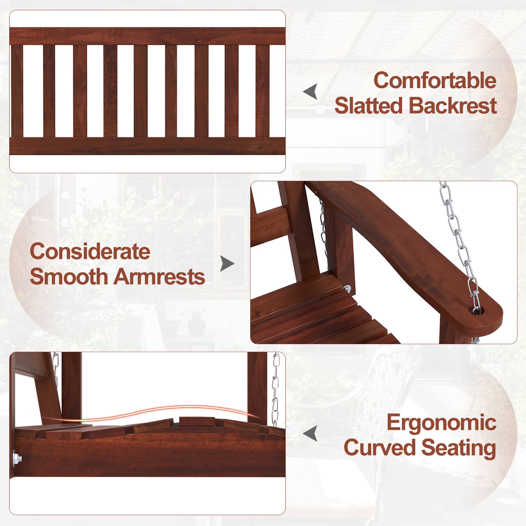 Comfortable Slatted Backrest  
Considerate Smooth Armrests  
Ergonomic Curved Seating