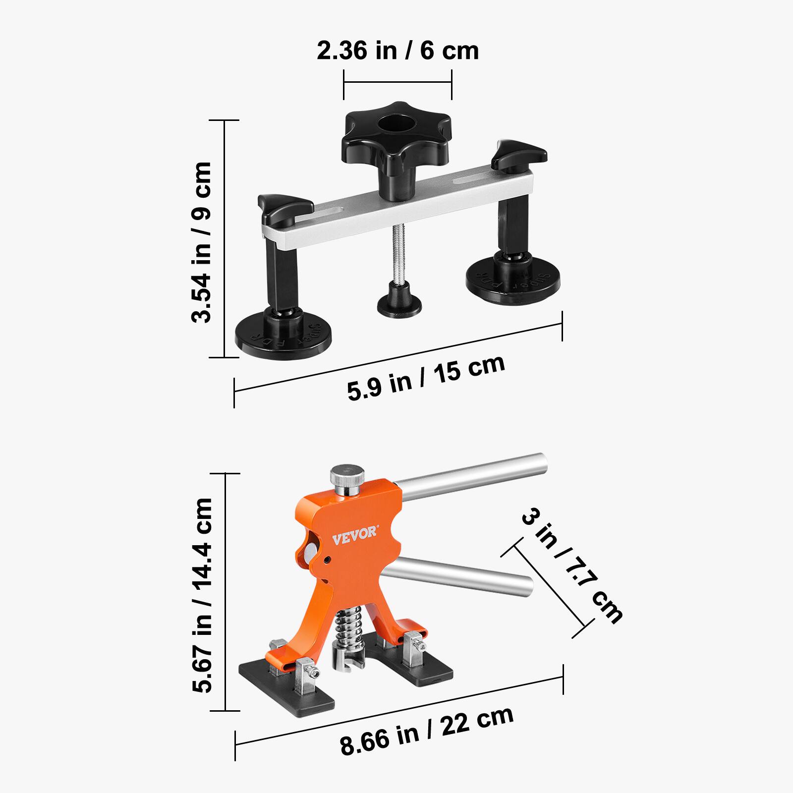 2.36 in / 6 cm  
3.54 in / 9 cm  
5.9 in / 15 cm  
5.67 in / 14.4 cm  
3 in / 7.7 cm  
8.66 in / 22 cm