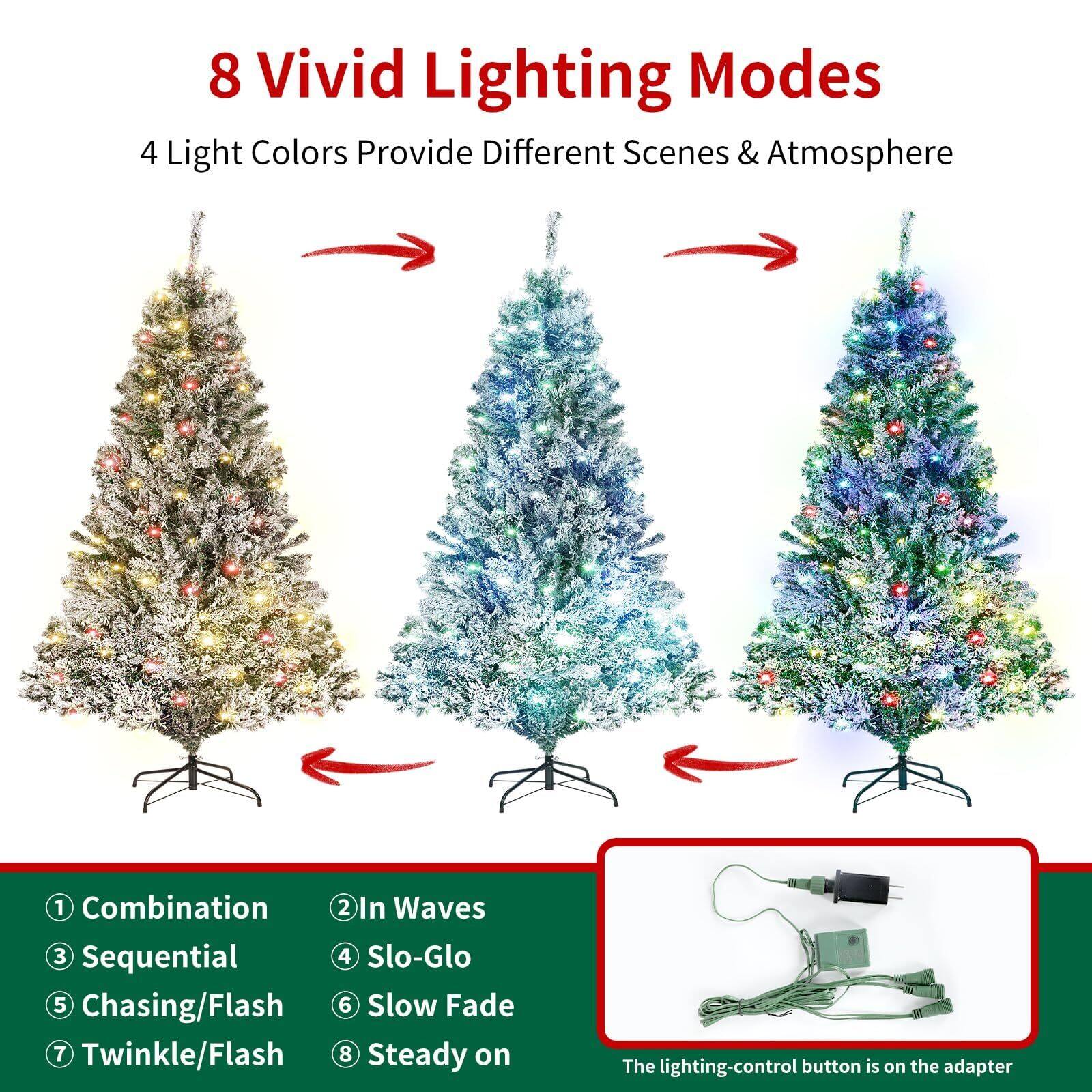 8 Vivid Lighting Modes  
4 Light Colors Provide Different Scenes & Atmosphere  

1. Combination  
2. In Waves  
3. Sequential  
4. Slo-Glo  
5. Chasing/Flash  
6. Slow Fade  
7. Twinkle/Flash  
8. Steady on  

The lighting-control button is on the adapter
