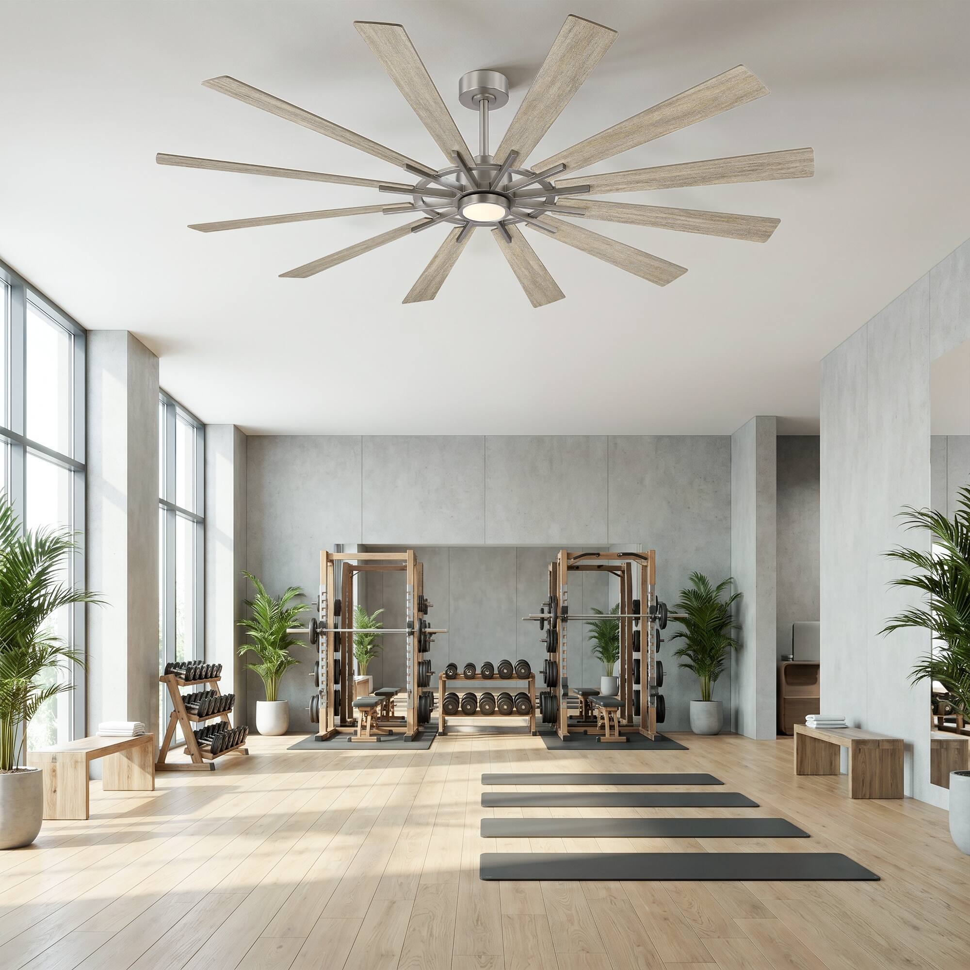 Left. Parrot Uncle - 72" Large Farmhouse 12-Blade  Windmill Ceiling Fan with Dimmable LED Light and 6-Speed Remote - Nickle.
