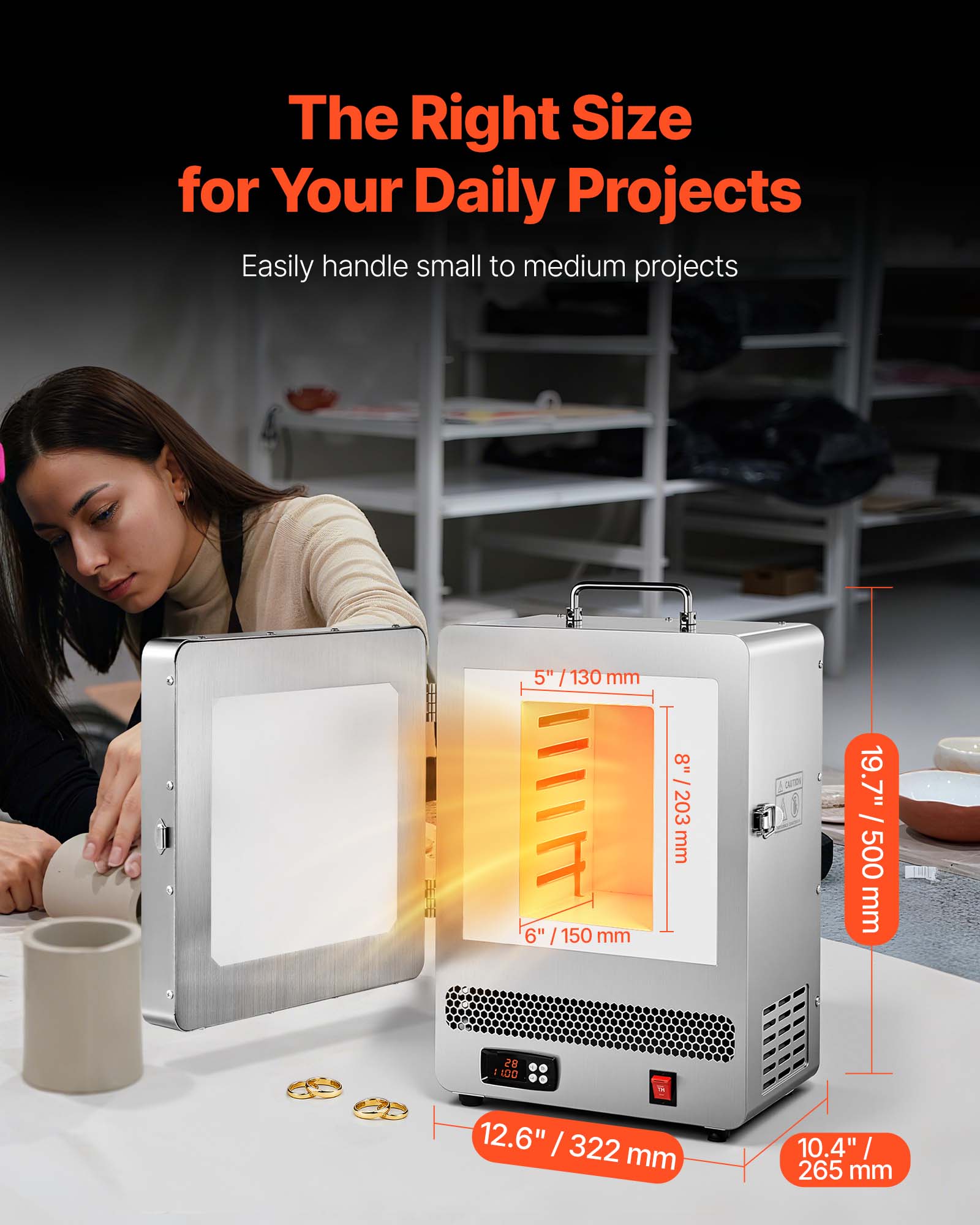 The Right Size for Your Daily Projects  
Easily handle small to medium projects  

5" / 130 mm  
6" / 150 mm  
8" / 203 mm  
19.7" / 500 mm  
12.6" / 322 mm  
10.4" / 265 mm