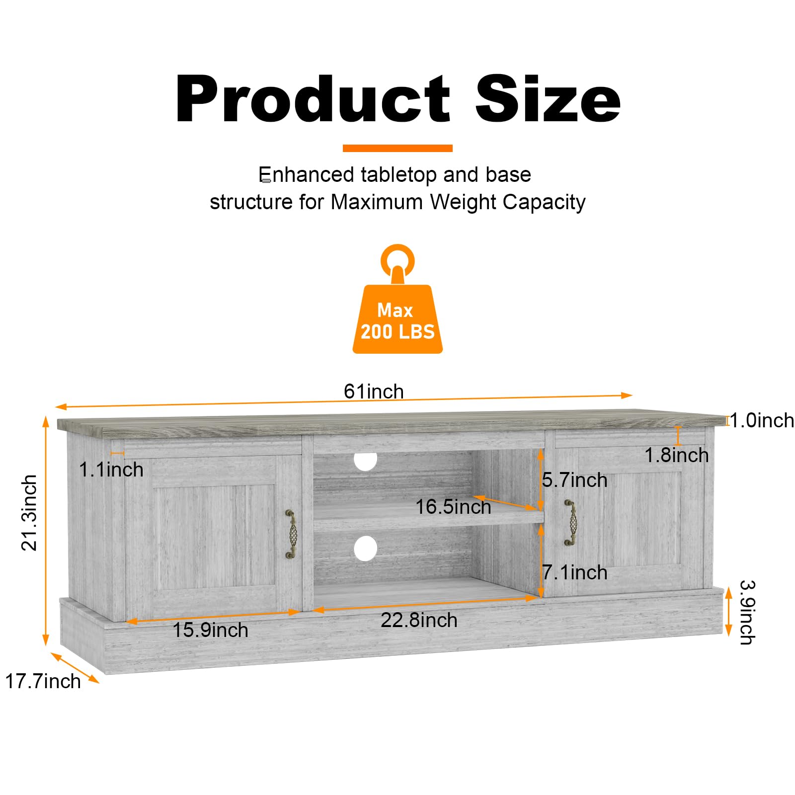 Product Size

Enhanced tabletop and base structure for Maximum Weight Capacity

Max 200 LBS

- 61 inch
- 21.3 inch
- 17.7 inch
- 15.9 inch
- 22.8 inch
- 16.5 inch
- 5.7 inch
- 7.1 inch
- 3.9 inch
- 1.1 inch
- 1.0 inch
- 1.8 inch
