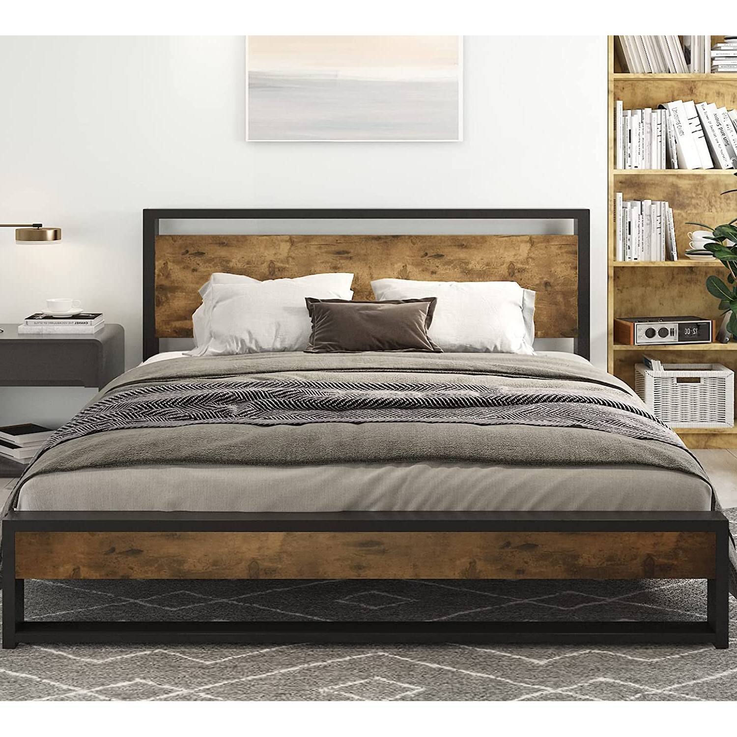 Angle. Hivvago - Hivvago Queen Modern Farmhouse Platform Bed Frame with Wood Panel Headboard Footboard - Black.