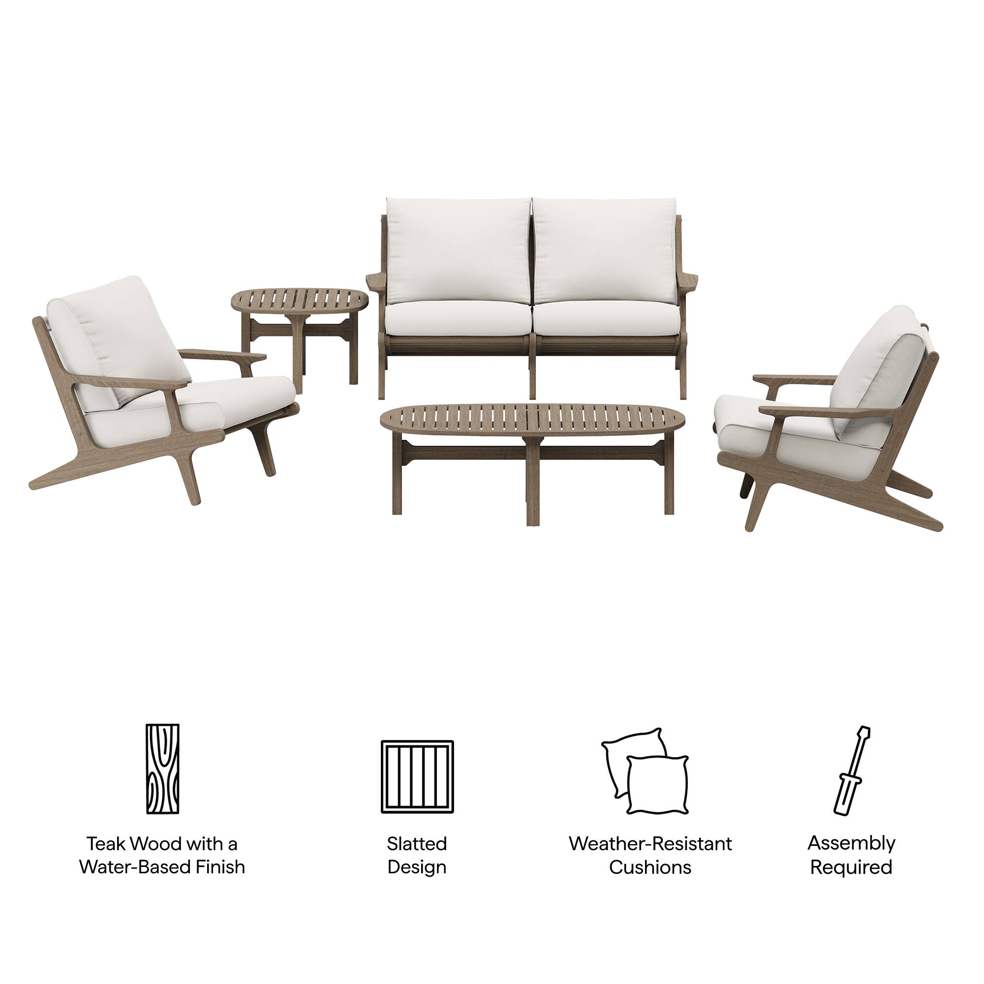 Teak Wood with a Water-Based Finish  
Slatted Design  
Weather-Resistant Cushions  
Assembly Required