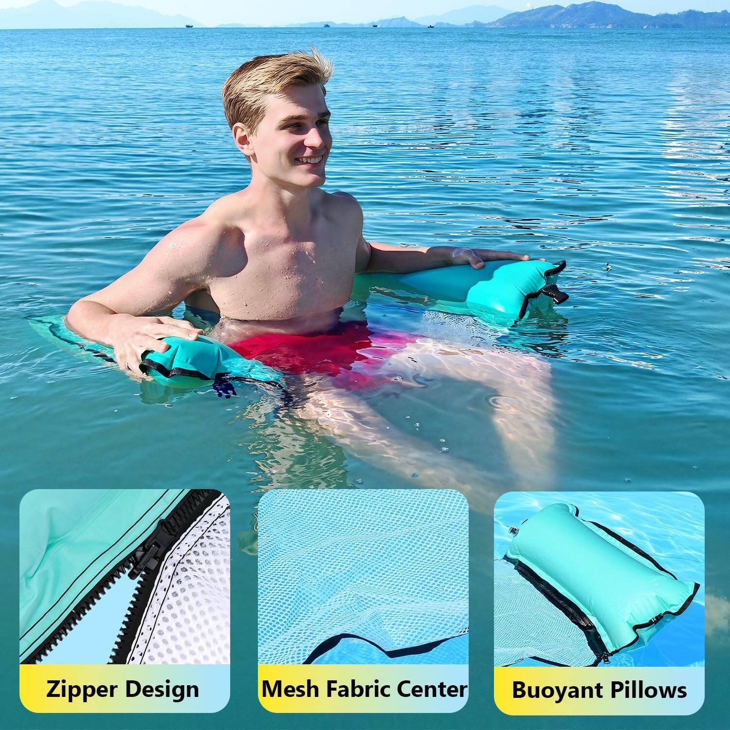 The text on the image can be grouped and corrected as follows:

- **Zipper Design**
- **Mesh Fabric Center**
- **Buoyant Pillows**