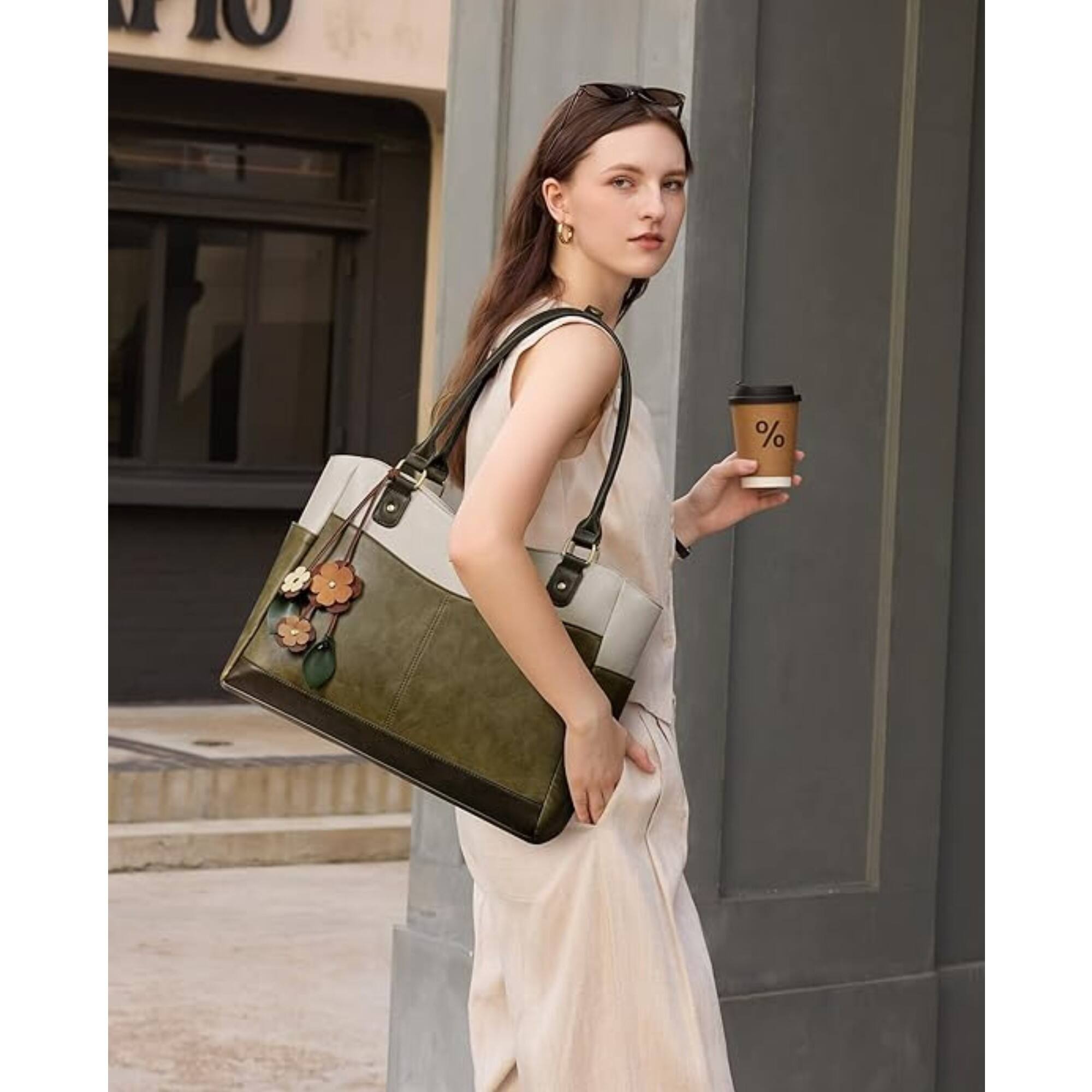 Alt View 1. LOVEVOOK - LOVEVOOK Laptop Bag for Women, Original Vintage Work Tote Bag Computer Office Teacher Bag with Flower Pendant - Green.