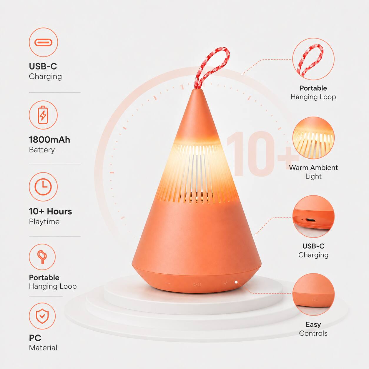 USB-C Charging Portable Hanging Loop 1800mAh Battery 10+ Warm Light Ambient 10+ Hours Playtime USB-C Charging Portable Hanging Loop D-1l - PC Material Easy Controls
