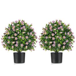 Costway - 2 Pack Artificial Boxwood Topiary Ball Tree Faux Shrub Bushes with Flowers - Purple