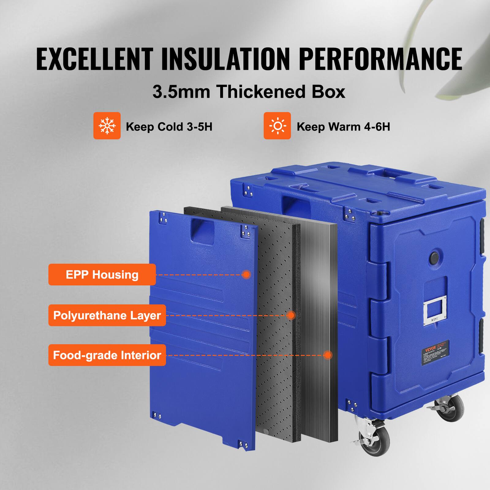 EXCELLENT INSULATION PERFORMANCE
3.5mm Thickened Box
Keep Cold 3-5H
Keep Warm 4-6H
EPP Housing
Polyurethane Layer
Food-grade Interior