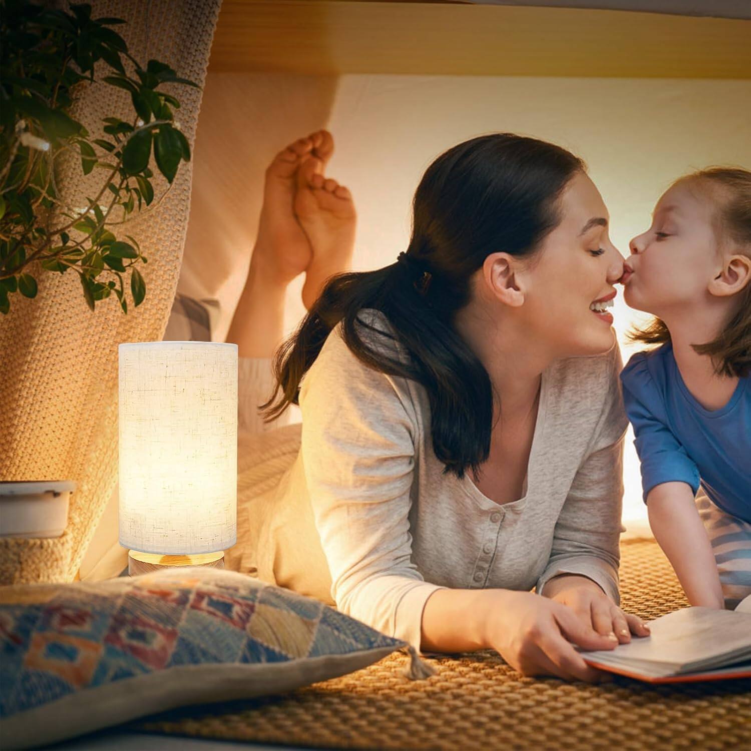 Left. Stamp n Camp - Bedside Table Lamp for Bedroom  Minimalist Base & Round Fabric Shade Cute Cozy Warm Nightstand Boho Lamp set... - 3-Color Adjustable lamp Set of 1.