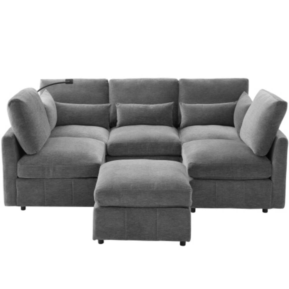Alt View 3. LUCKY ONE - 85.4" Modular U-Shape L-Shape Convertible Sofa Bed w/ Movable Ottoman 2 USB Ports - Grey.