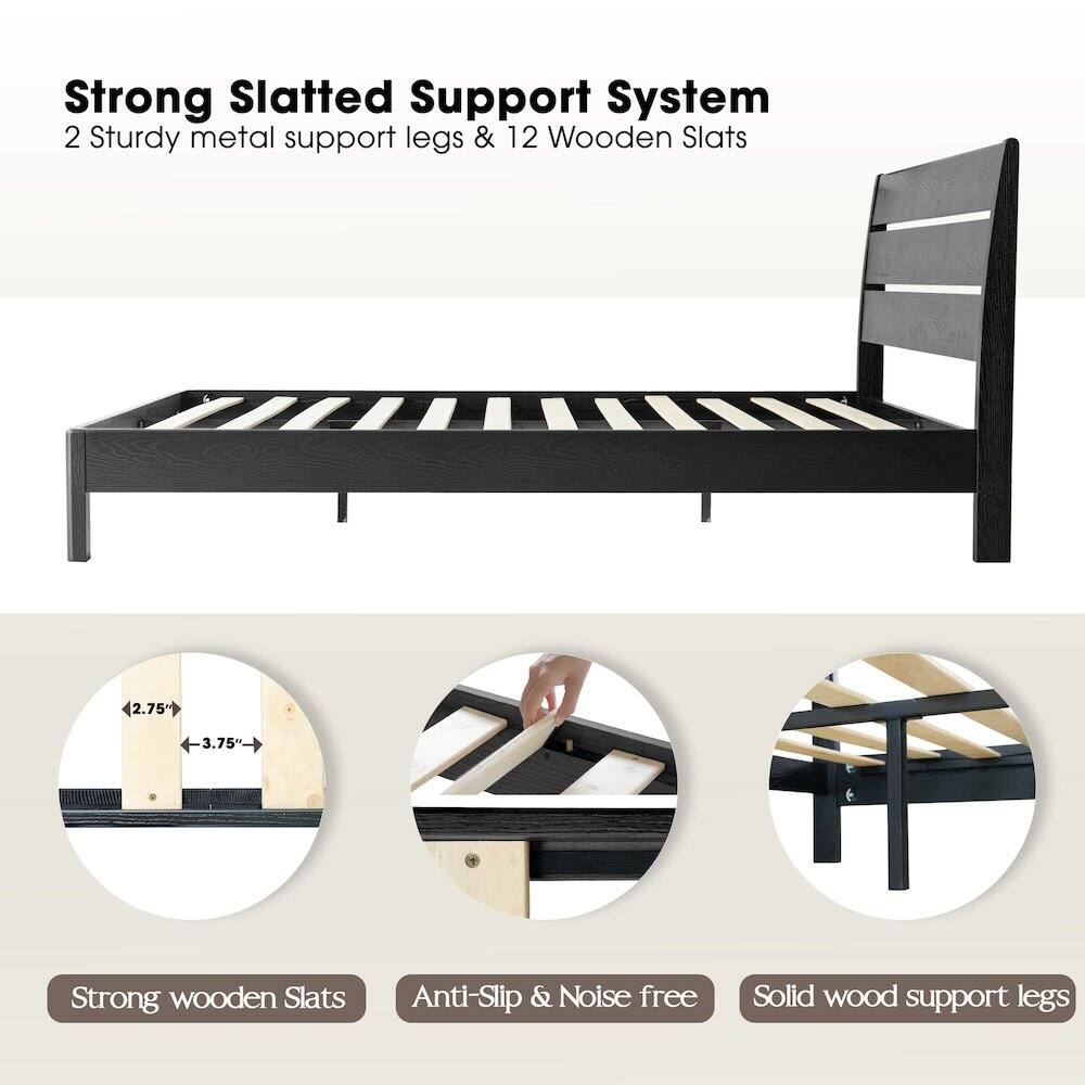 Strong Slatted Support System  
2 Sturdy metal support legs & 12 Wooden Slats  
2.75" x 3.75"  
6 Strong wooden Slats  
Anti-Slip & Noise free  
Solid wood support legs