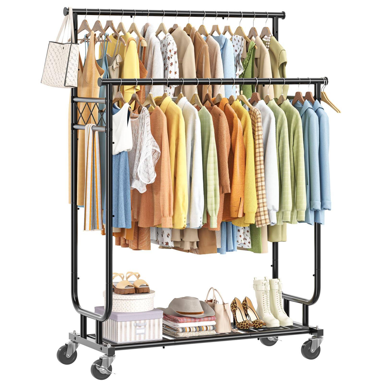 Hirose Alice - Heavy Duty Clothes Rack with Wheels Load Double Rod Garment Rack with Shelves Rolling Clothing Rack for - Default