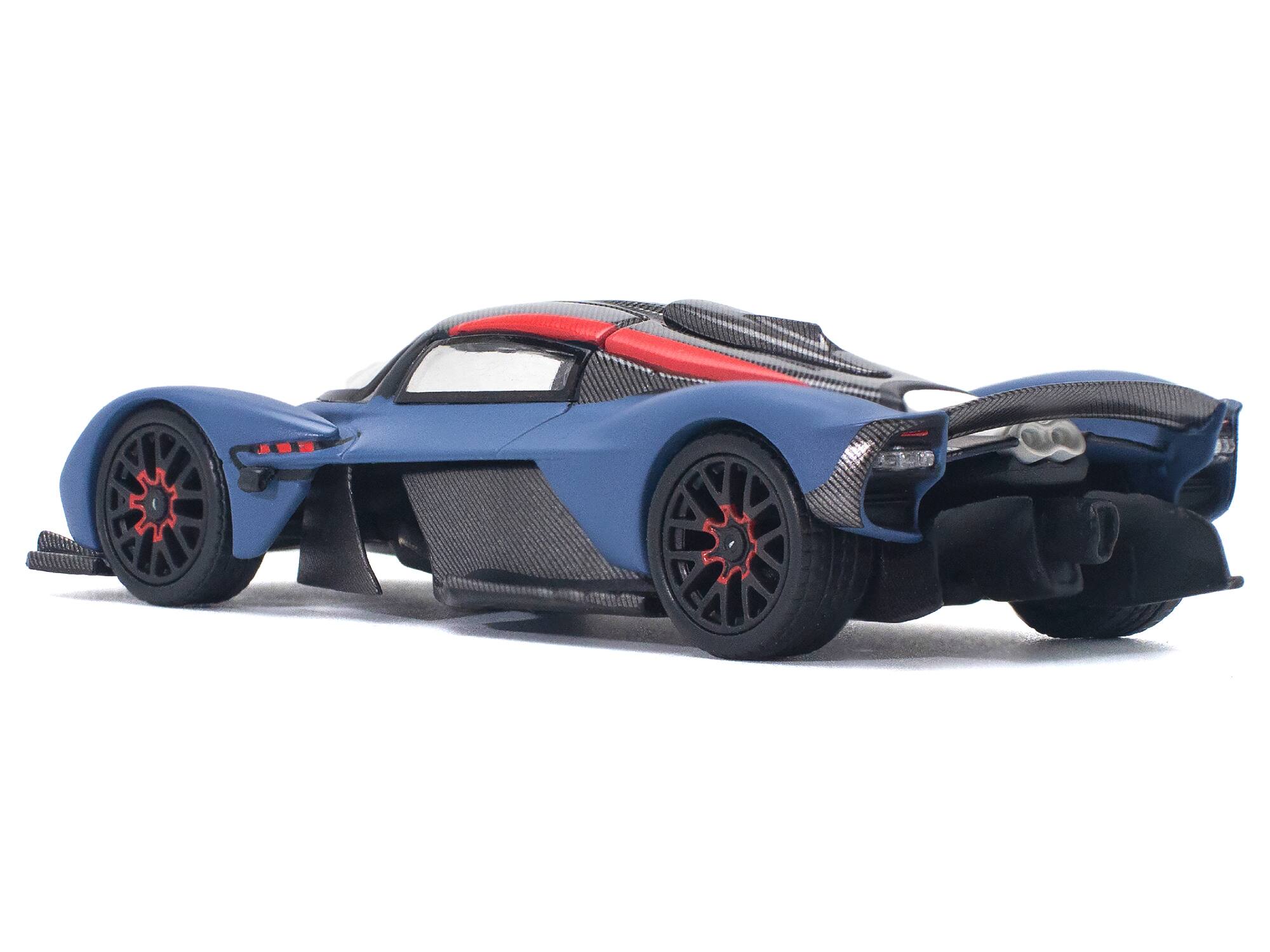 Left. Pop Race - Aston Martin Valkyrie Satin Marina Blue with Carbon Top 1/64 Diecast Model Car by Pop Race - Blue with Carbon.