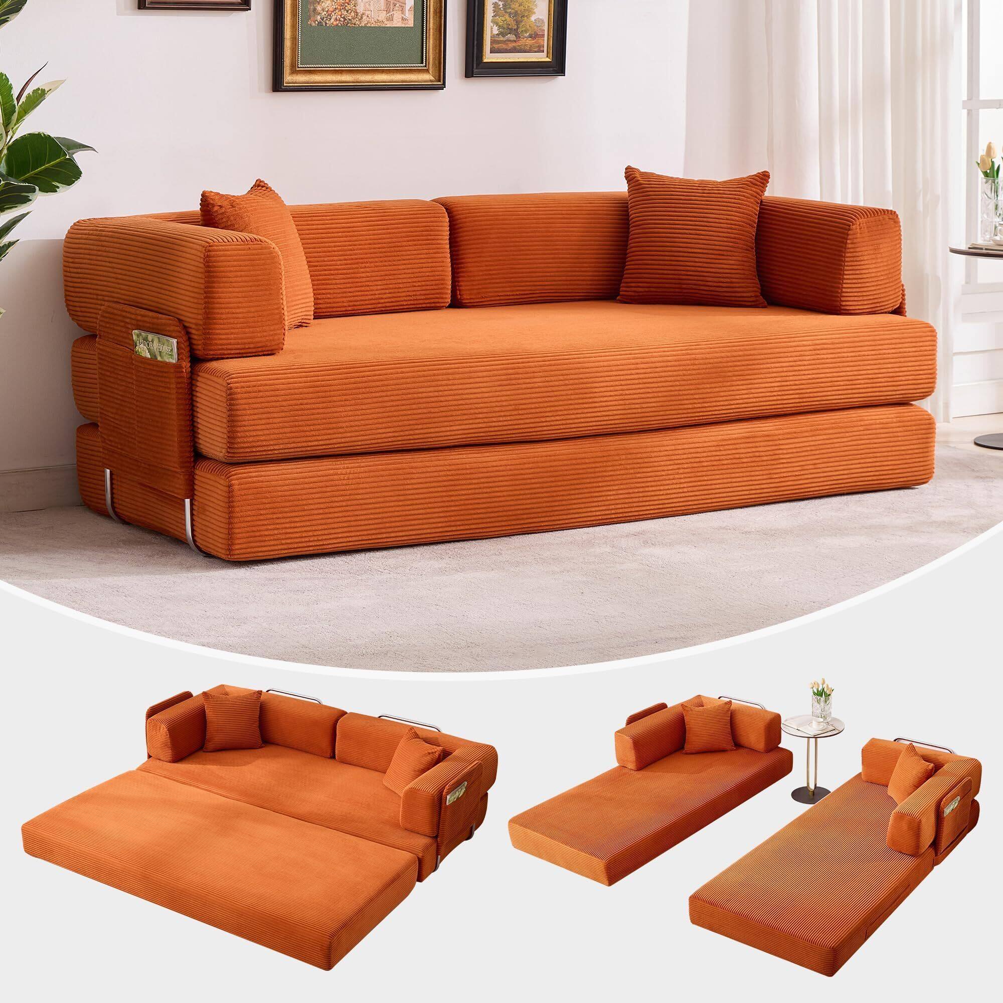 Alt View 7. Acekool - 78.8" Convertible Chaise Lounge Sofa Bed, Oversized Folding Chair with Pillow, Upholstered in Soft Breathable - Orange.