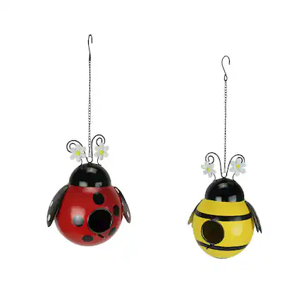Front. Direct International - Set of 2 Metal Ladybug & Bumble Bee Hanging Bird Houses Decorative Yard Decor - Multicolored.