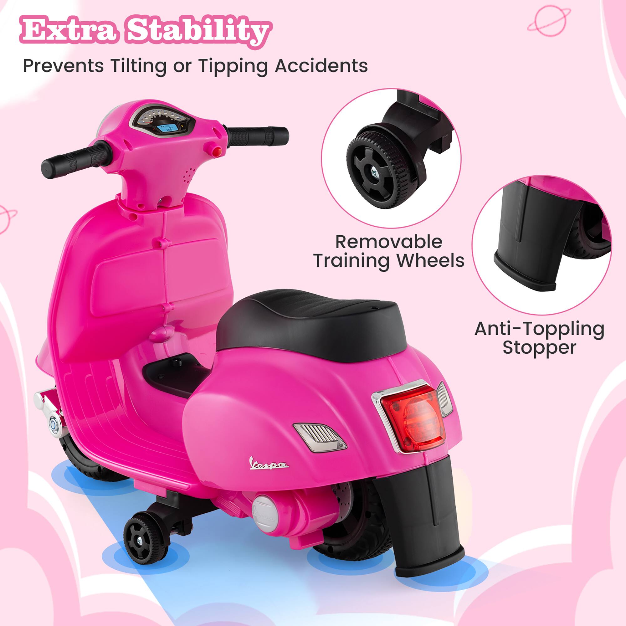 Extra Stability  
Prevents Tilting or Tipping Accidents  

Removable Training Wheels  

Anti-Toppling Stopper