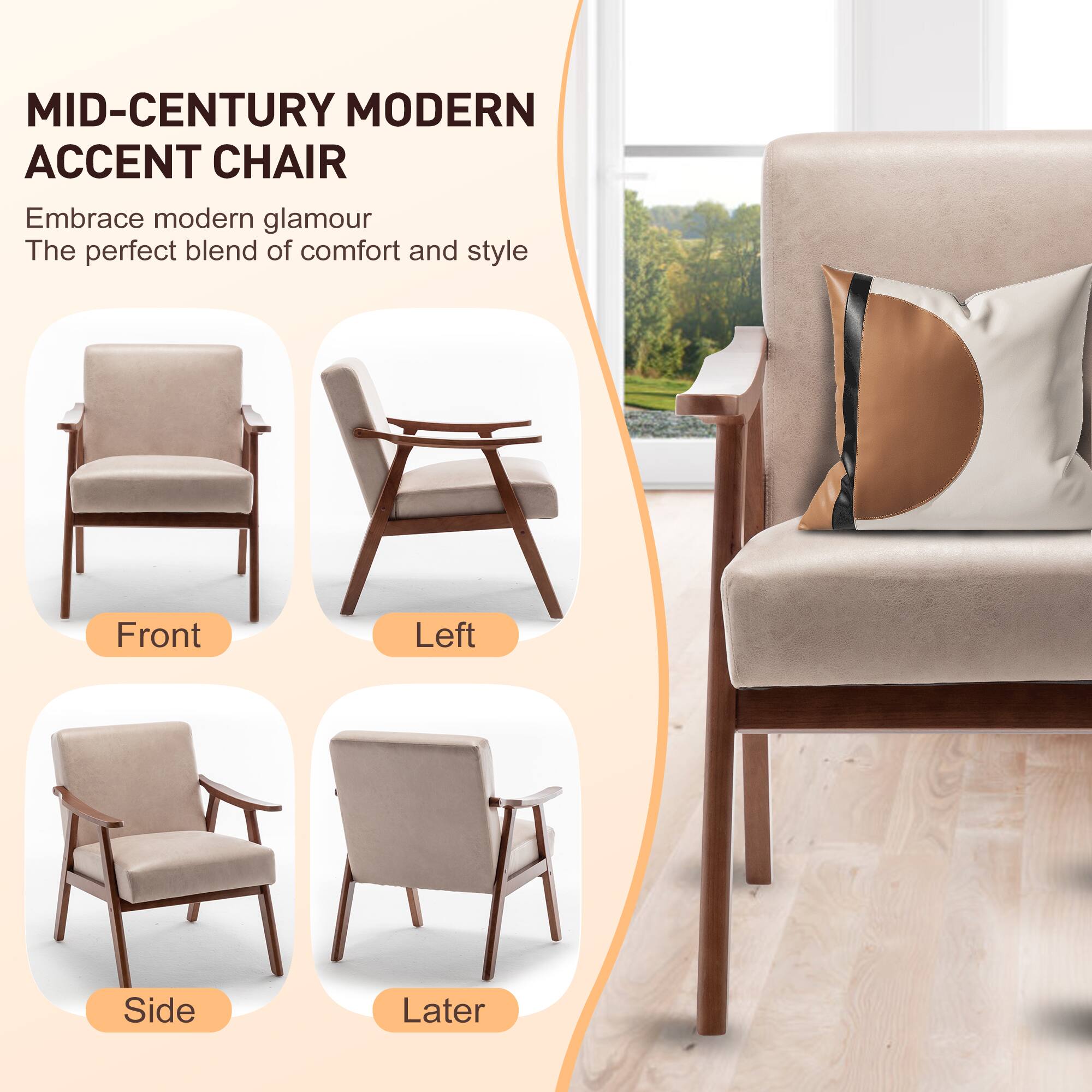 MID-CENTURY MODERN ACCENT CHAIR

Embrace modern glamour  
The perfect blend of comfort and style

Front  
Left  
Side  
Later