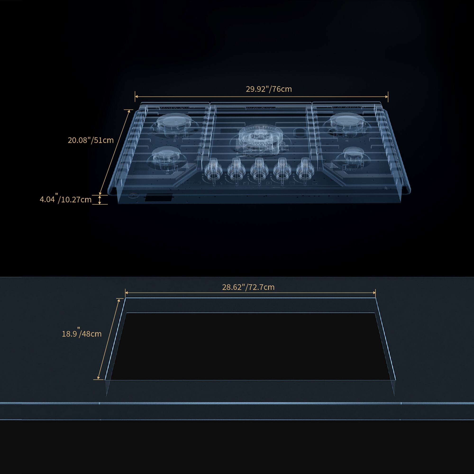 29.92"/76cm, 20.08"/51cm, 4.04 /10.27cm, 28.62"/72.7cm, 18.9 /48cm