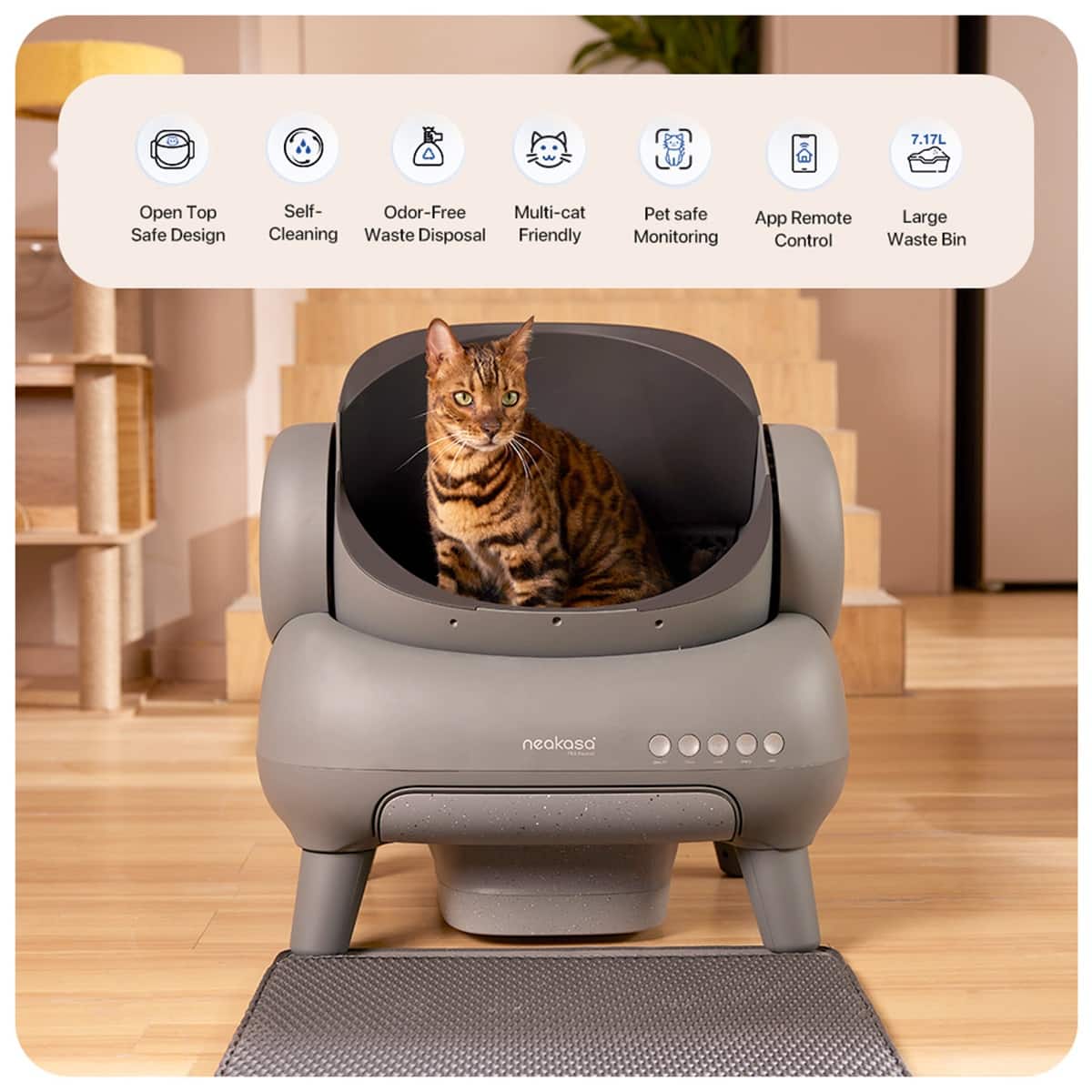 1. Open Top Safe Design: The cat bed has an open top design, which allows the cat to easily enter and exit the bed.
2. Self-Odor-Free: The cat bed is designed to minimize odor, making it a more pleasant environment for the cat.
3. Multi-cat Cleaning: The cat bed is suitable for multiple cats, making it a practical choice for households with more than one feline.
4. Waste Disposal: The cat bed is equipped with a waste disposal system, which helps keep the area clean and hygienic.
5. Friendly Pet Monitoring: The cat bed is equipped with a monitoring system that allows pet owners to keep an eye on their pets.
6. App Remote Control: The cat bed can be controlled using a smartphone app or a remote control, providing added convenience for pet owners.
7. Large Waste Bin: The cat bed is accompanied by a large waste bin, which helps to contain waste and maintain cleanliness.
8. Neakasa: The cat bed is a product of the Neakasa brand, which is known for its innovative and high-quality pet products.