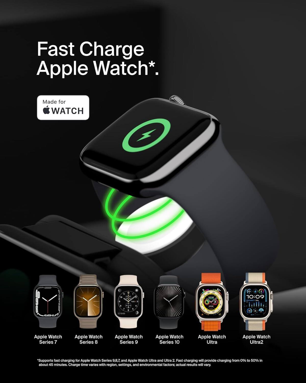 Fast Charge Apple Watch*.  
Made for WATCH I 1 - - 10:09 - FU  

Apple Watch Series 7  
Apple Watch Series 8  
Apple Watch Series 9  
Apple Watch Series 10  
Apple Watch Ultra  
Apple Watch Ultra2  

*Supports fast charging for Apple Watch Series 9, 8, 7, and Apple Watch Ultra and Ultra 2. Fast charging will provide charging from 0% to 50% in about 45 minutes. Charge time varies with region, settings, and environmental factors; actual results will vary.
