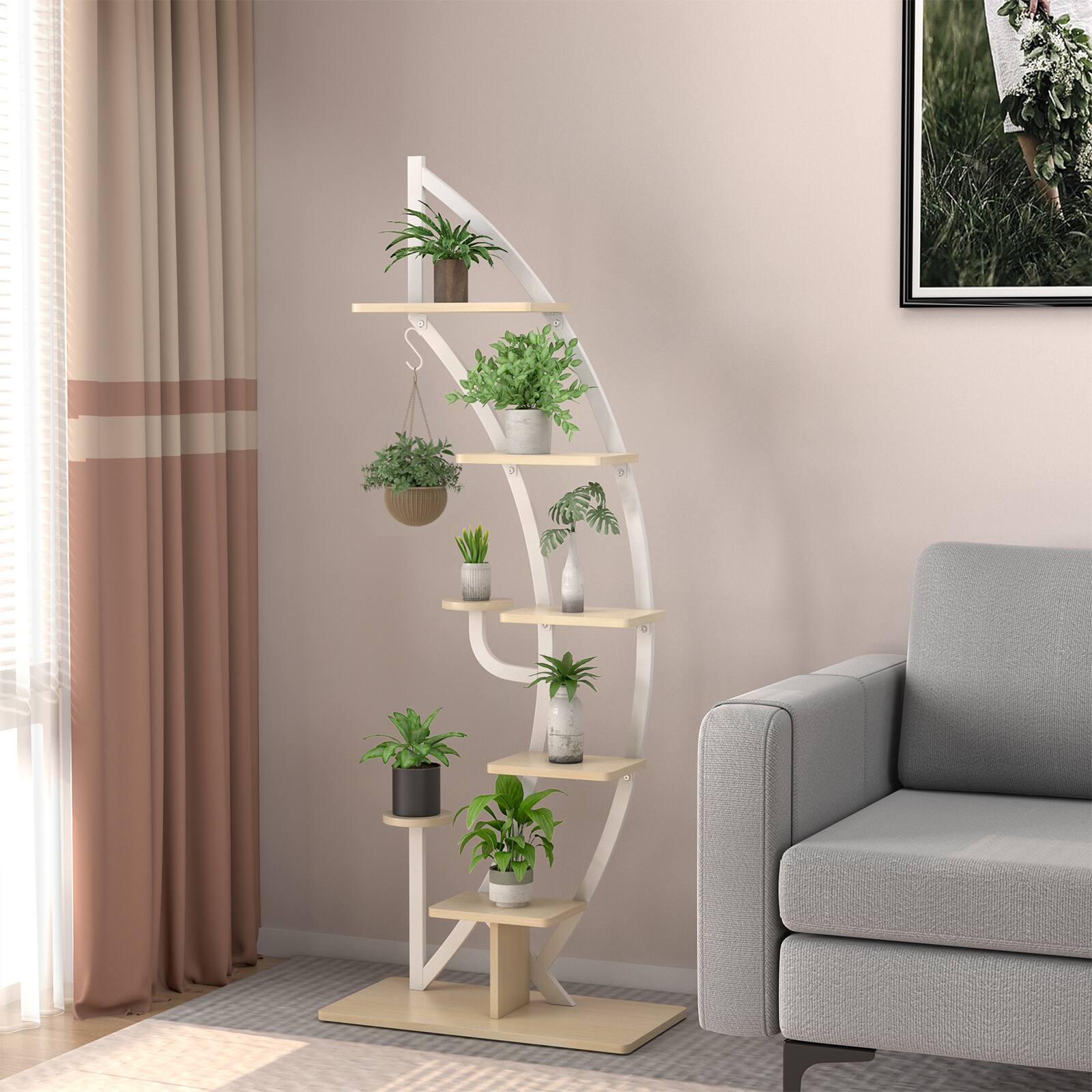 Alt View 3. Gymax - Gymax 2PCS 6 Tier Curved Stand 9 Potted Metal Plant Stand Holder Display Shelf w/ Hook - Natural+White.