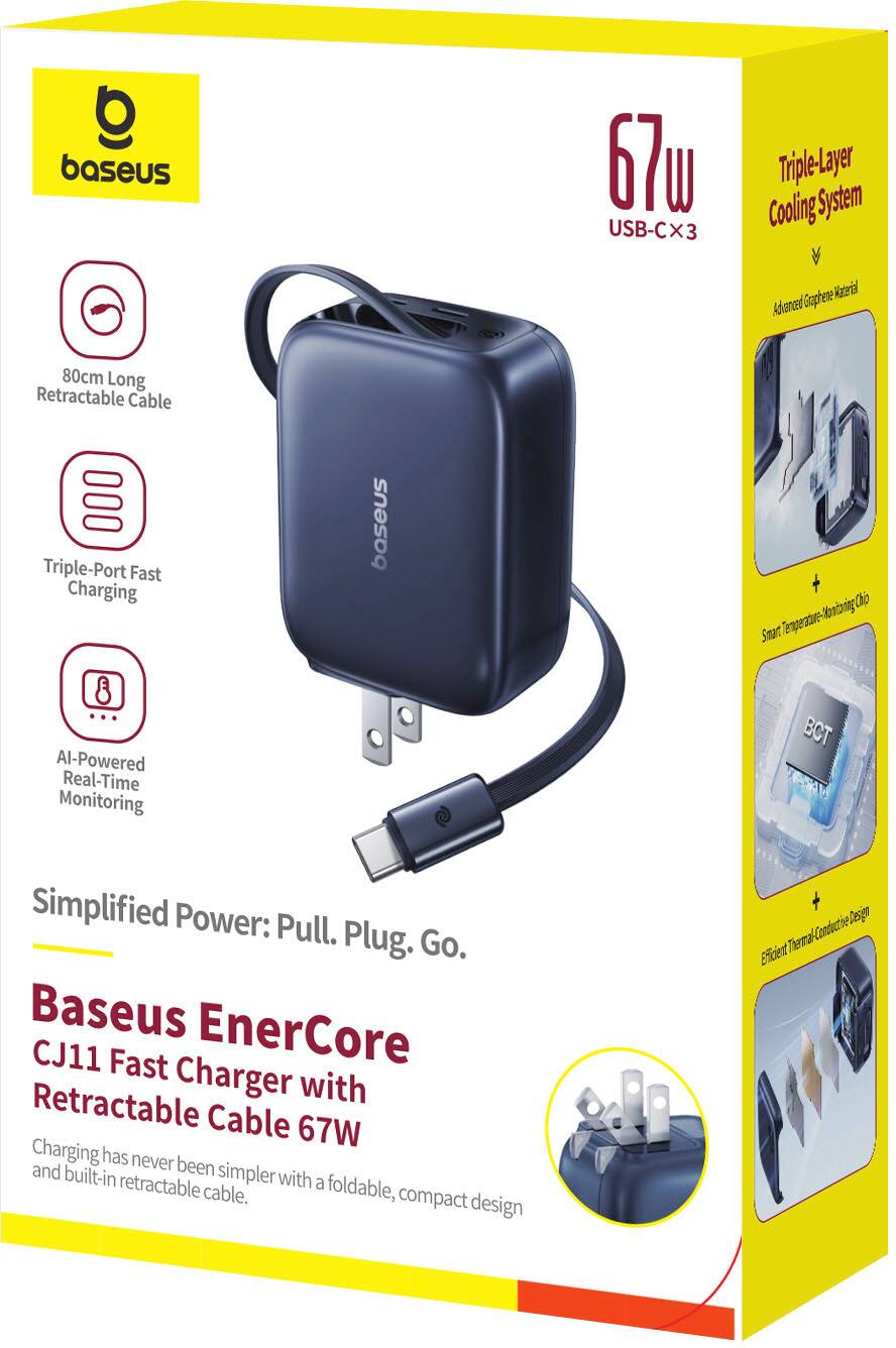 The text on the image is grouped and corrected as follows:

Baseus 67W USB-C Fast Charger with Retractable Cable:

* Simplified Power: Pull. Plug. Go.
* Baseus EnerCore CJ11 Fast Charger with Retractable Cable
* 67W Charging has never been and built-in simpler with retractable a foldable, cable.
* compact design
* Conductive ThermalDesign
* Efficient ThermalConductive Design

The text is now grouped and correctly written.