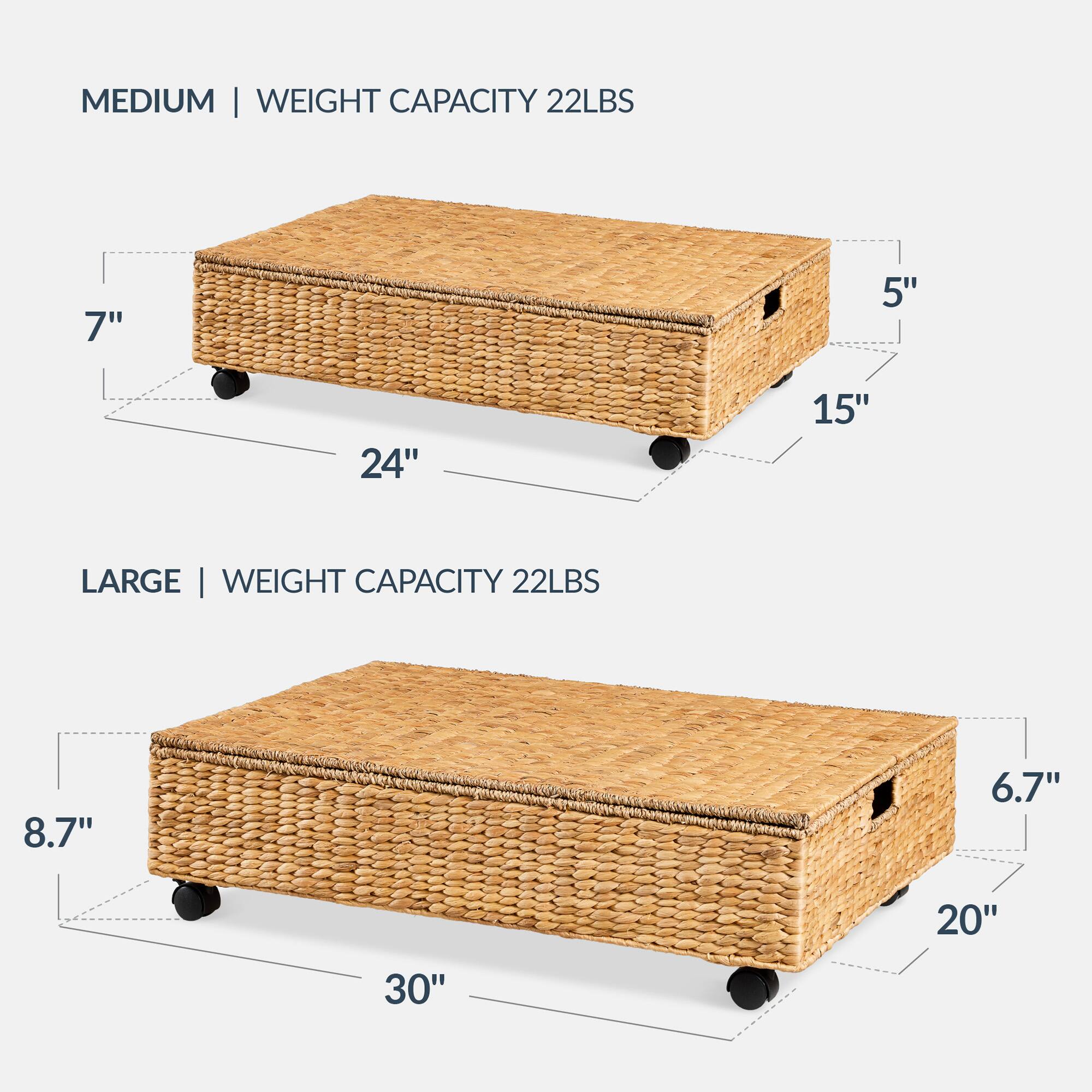 MEDIUM | WEIGHT CAPACITY 22LBS  
7" x 5" x 24" x 15"

LARGE | WEIGHT CAPACITY 22LBS  
8.7" x 6.7" x 30" x 20"