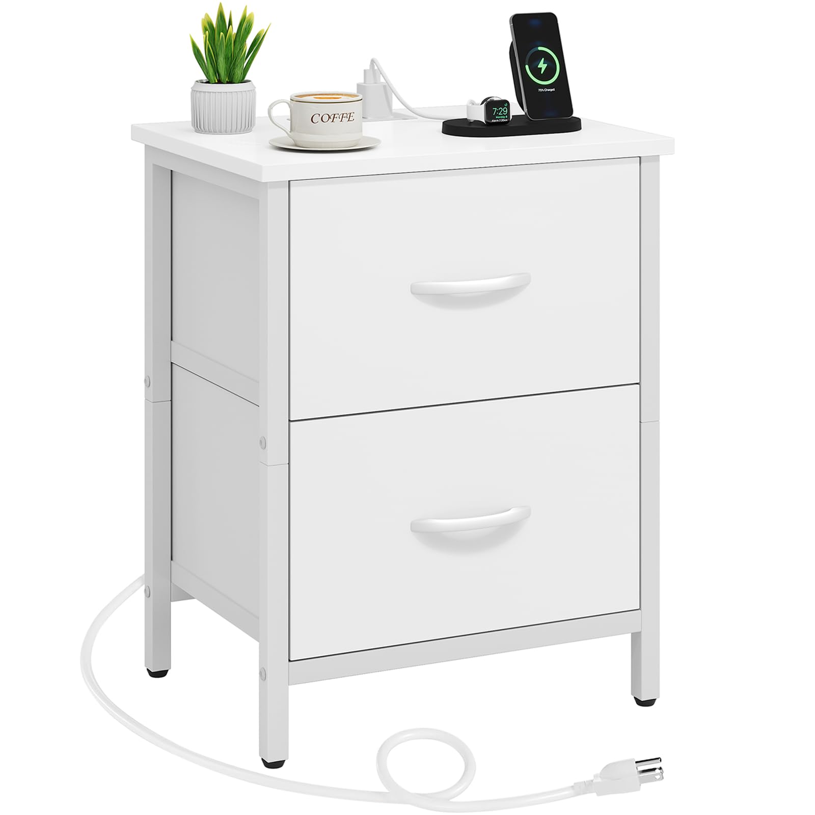 PO3TICJUNKI3 - Nightstand With Charging Station Bedside Table Usb Ports And Outlet End Side 2 Fabric Drawers For Bedroom L - White (1 Pack)