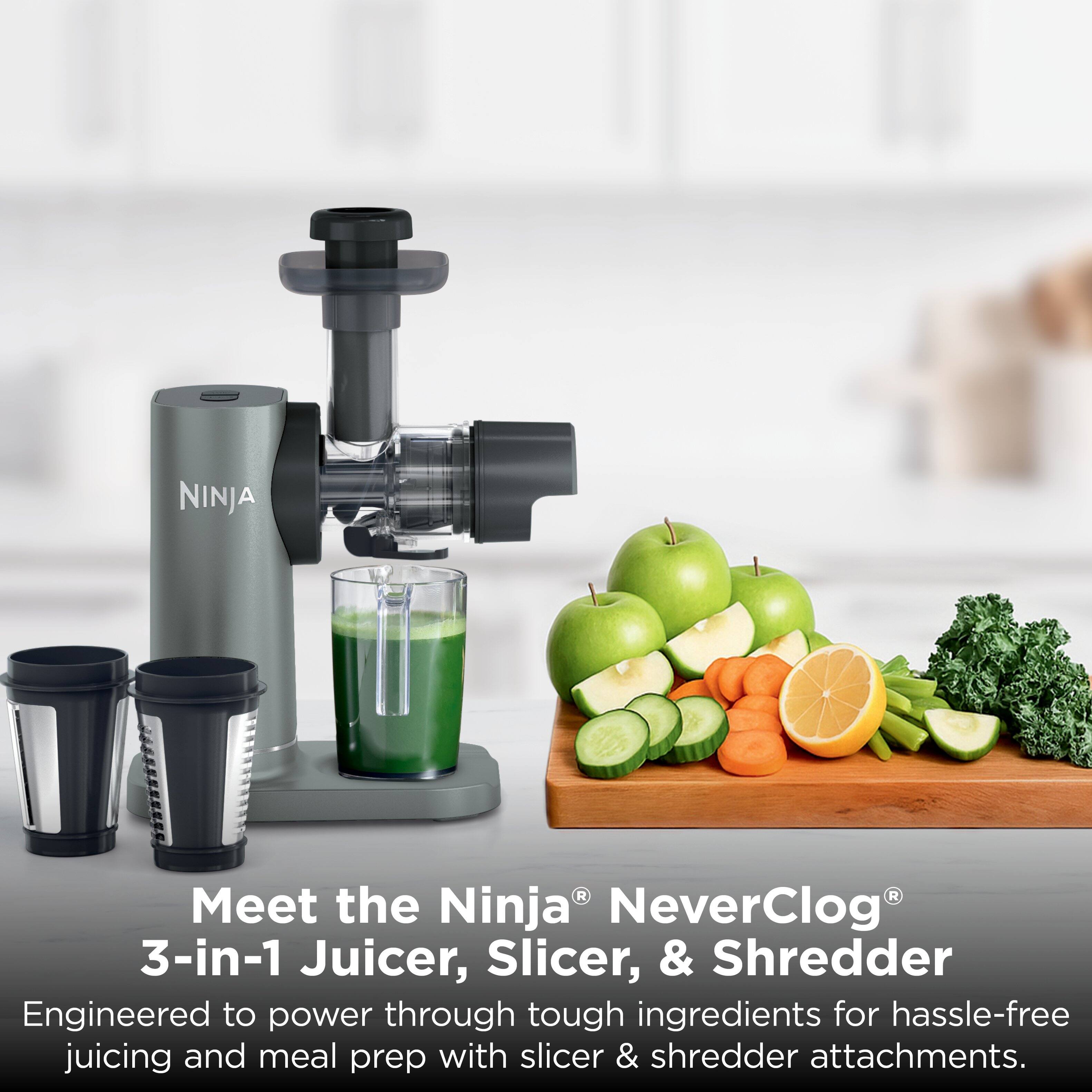 NINJA H Meet the Ninja NeverClog 3-in-1 Juicer, Slicer, & Shredder Engineered to power through tough ingredients for hassle-free juicing and meal prep with slicer & shredder attachments.