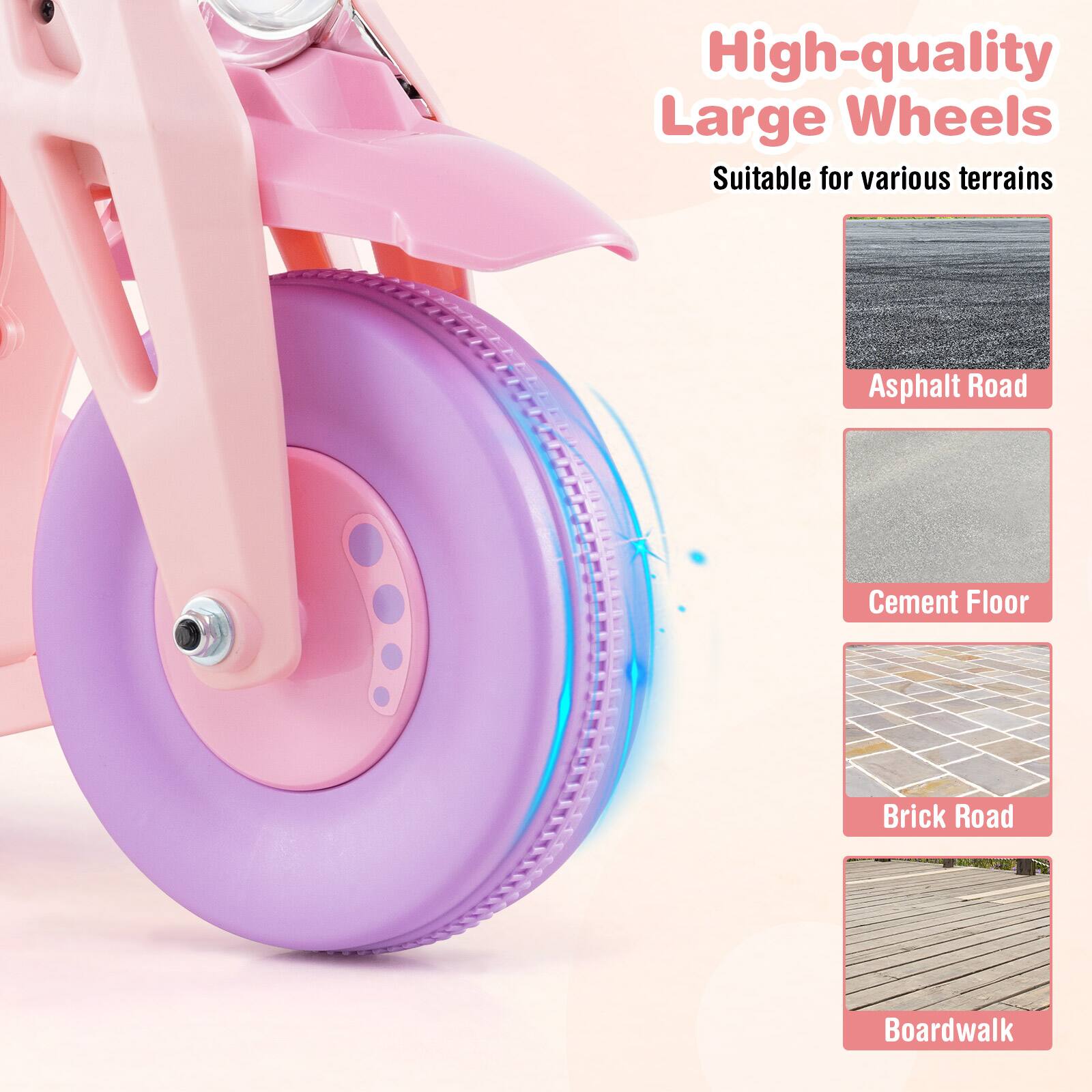 High-quality Large Wheels  
Suitable for various terrains  
- Asphalt Road  
- Cement Floor  
- Brick Road  
- Boardwalk