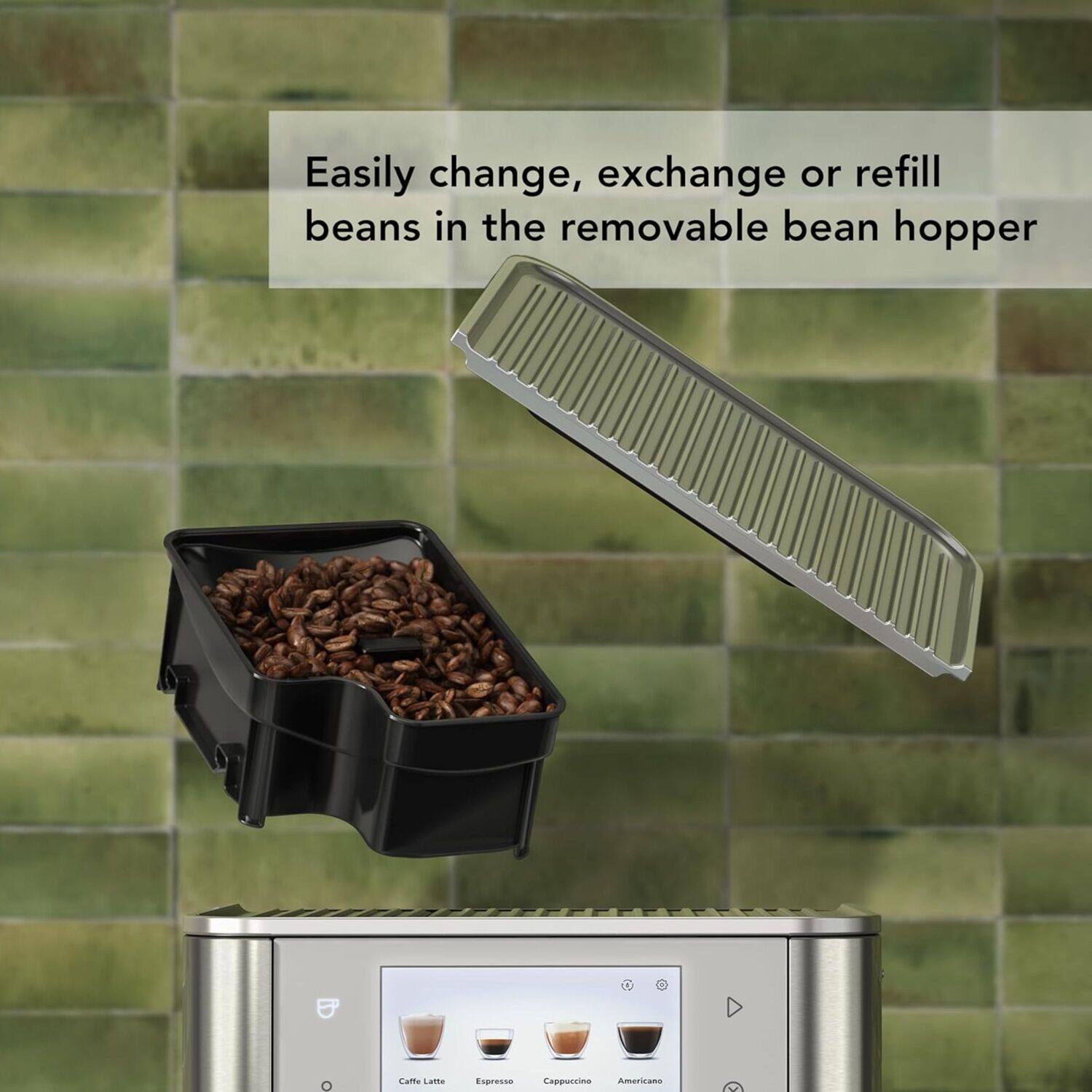 Easily change, exchange or refill beans in the removable bean hopper.