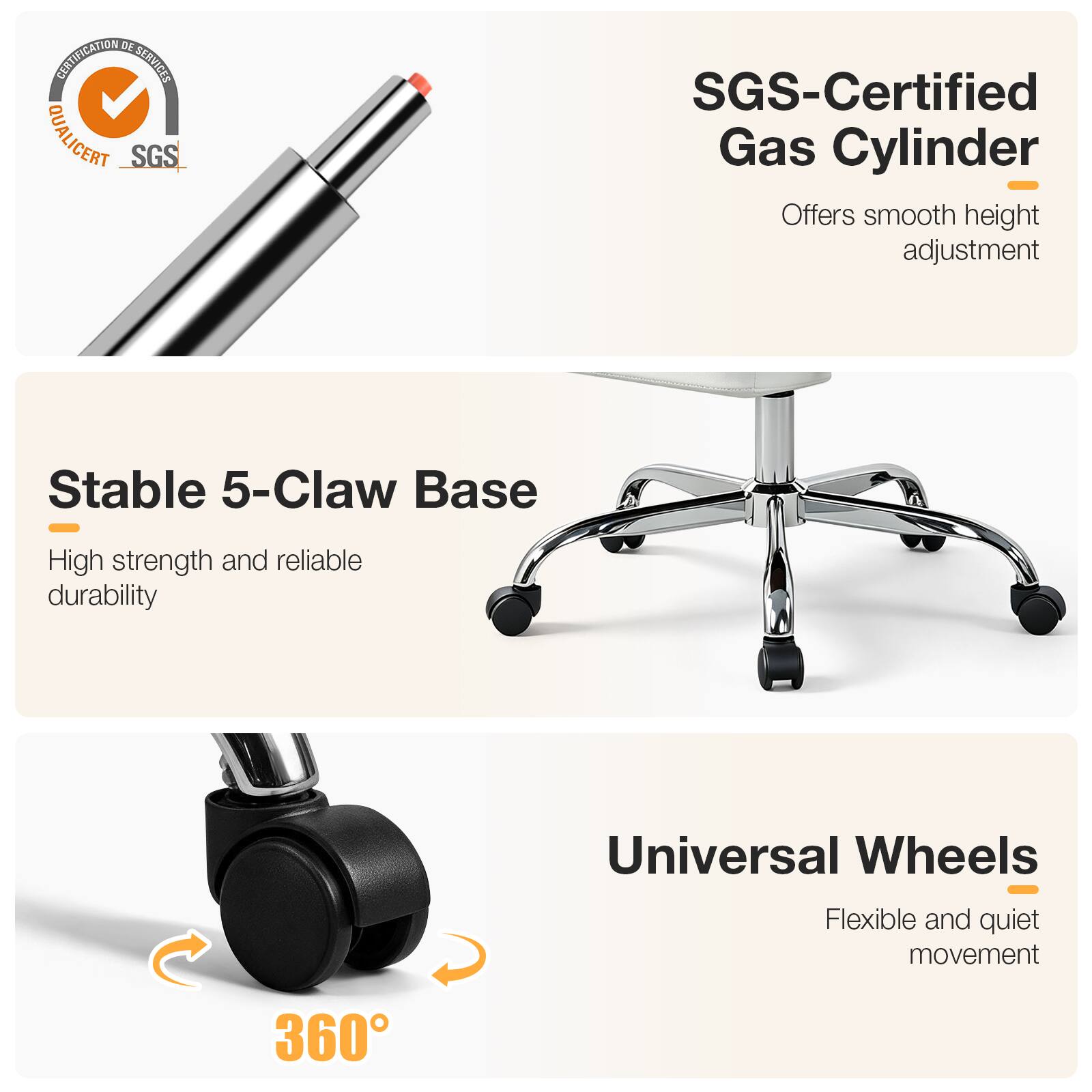 SGS-Certified Gas Cylinder
Offers smooth height adjustment

Stable 5-Claw Base
High strength and reliable durability

Universal Wheels
Flexible and quiet movement

360°