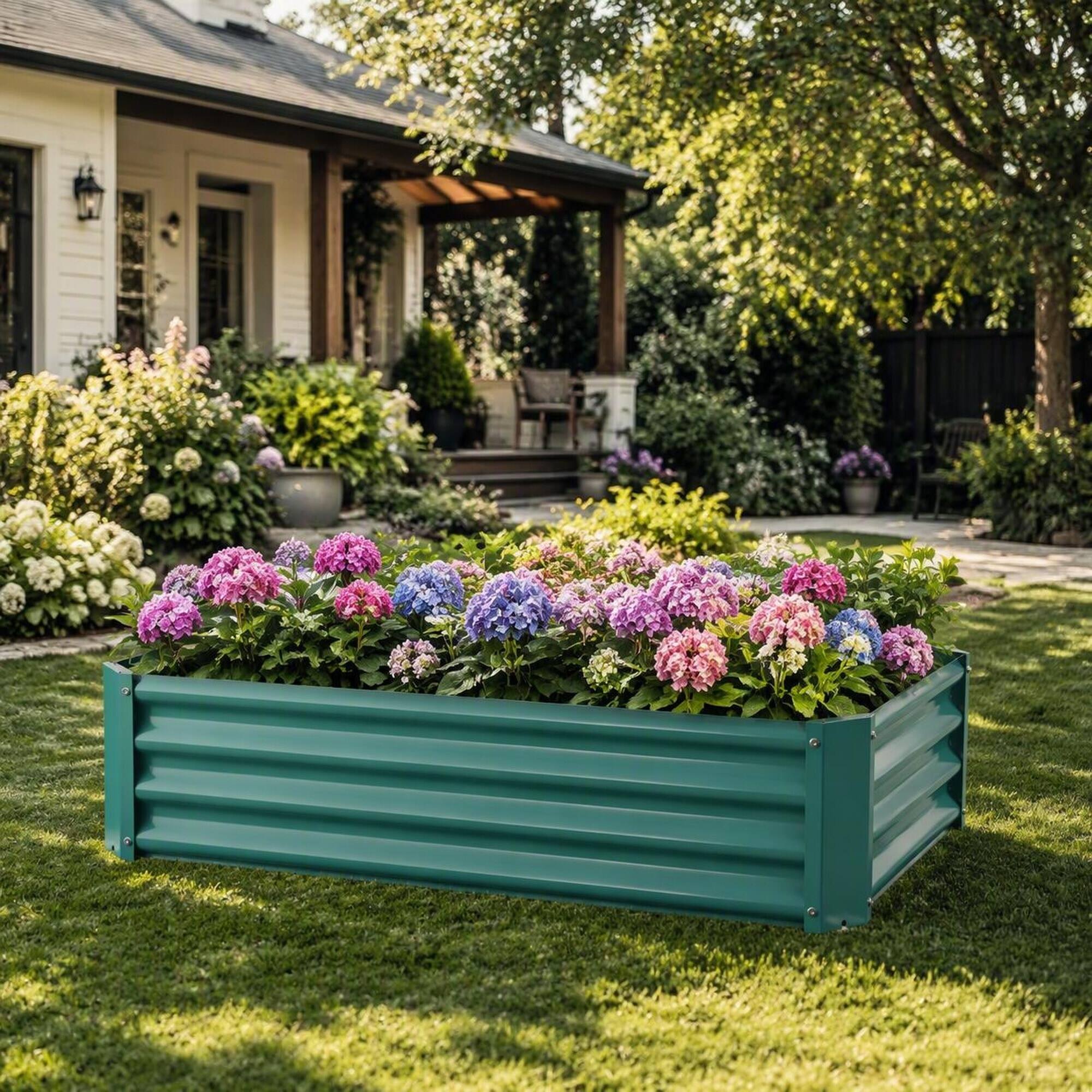 Back. RYHNUYNE - Raised Garden Bed 4x2x1 ft Galvanized Metal Rectangle Planter for Vegetables Flowers Herbs with Open Bottom - Green.