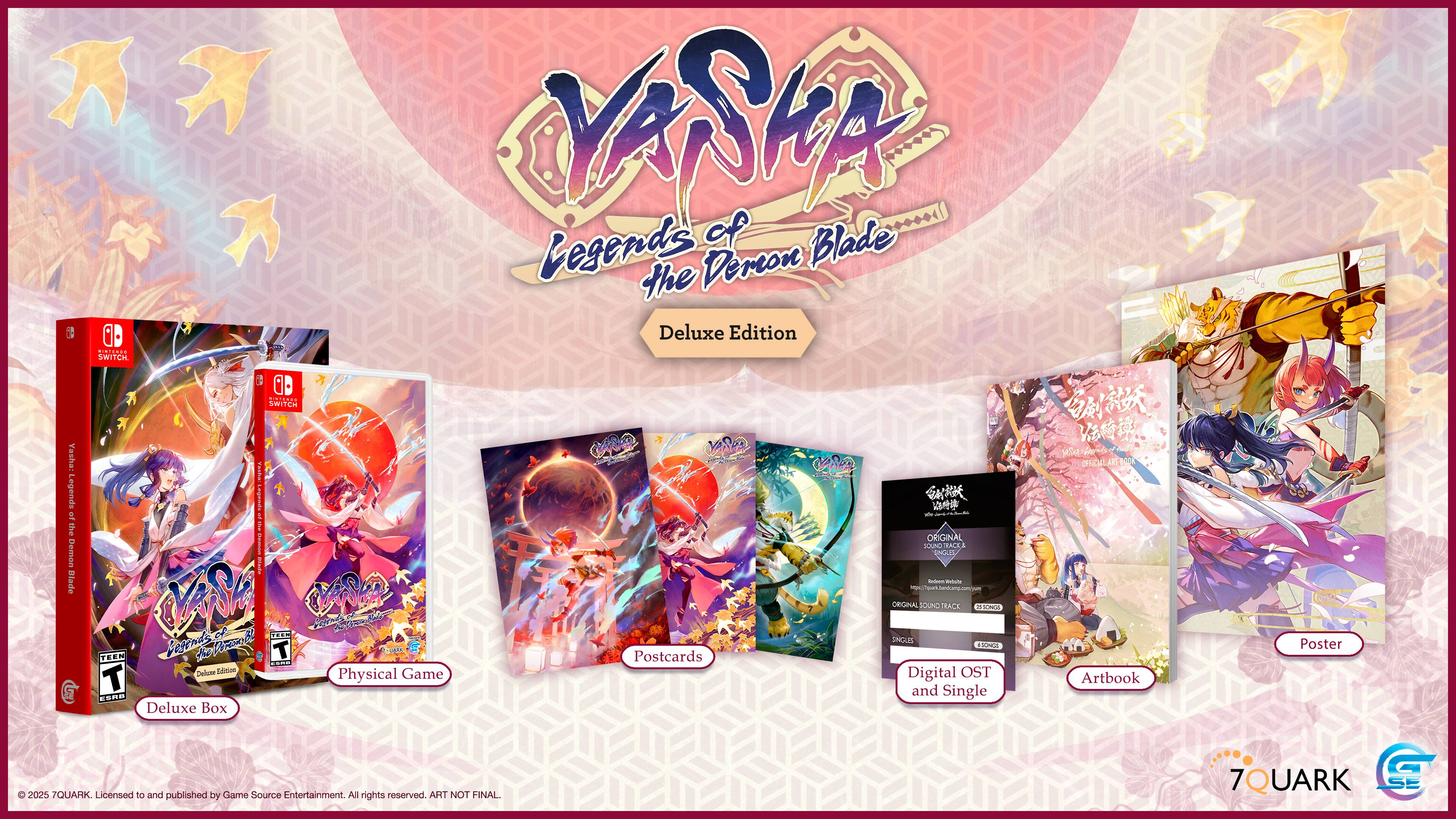 Yasha: Legend of the Empress Blade @ VANA Legends of Blade the Perfect Edition. Switch and PC. Official soundtrack, digital OST, physical artbook, and single case Deluxe Box. Poster included. 2025. Licensed to and published by Game Source Entertainment. All rights reserved. ART NOT FINAL.
