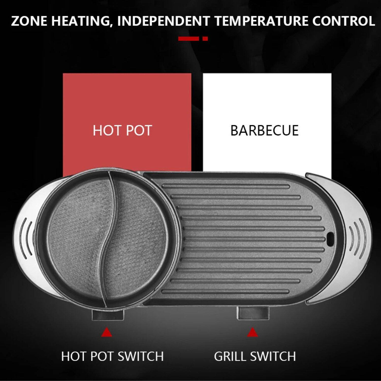 ZONE HEATING, INDEPENDENT TEMPERATURE CONTROL

HOT POT
BARBECUE

HOT POT SWITCH
GRILL SWITCH