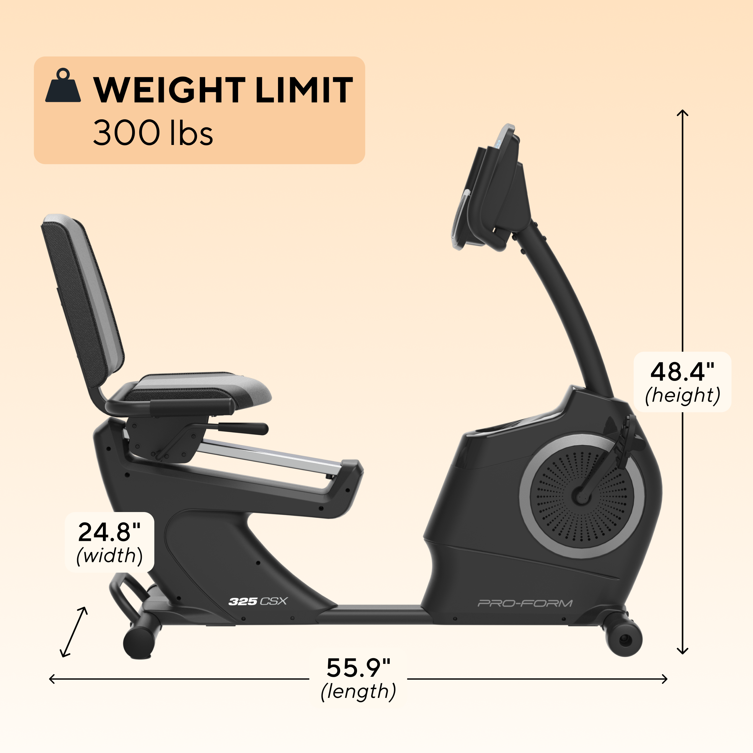 - WEIGHT LIMIT: 300 lbs
- HEIGHT: 48.4"
- WIDTH: 24.8"
- LENGTH: 55.9"