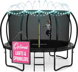 JoyBerri - 12ft Outdoor Trampoline with Enclosure Net LED Lights Sprinkler Ladder for Kids and Adults - Black