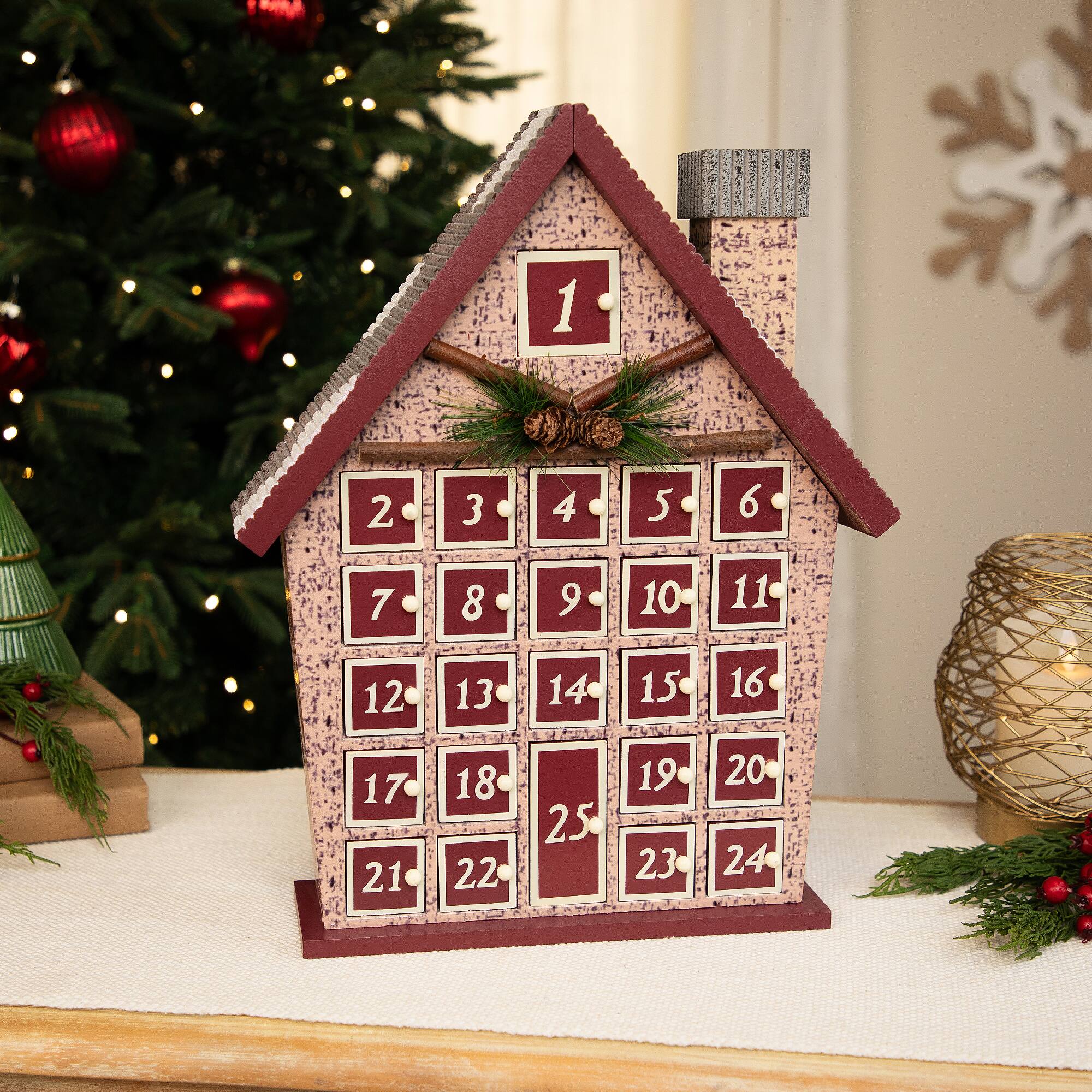 Front. Northlight - Holiday House Christmas Advent Calendar - 15" - Red.