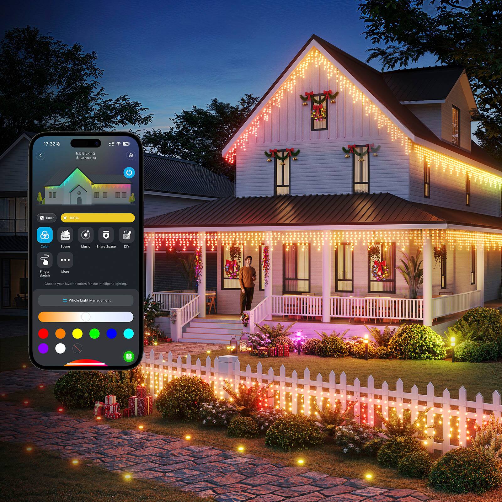 The text on the image reads:

"17:12 ett FM click Lights. Caras 6 Toa 108n - C Scane stusi Stare Seuane - ET ... Finger maten Mone Choose yeur Sun coors t ta na aghtng WAl Lgh Management."

This text appears to be a combination of various phrases and sentences, but it does not provide any context or meaningful information. It is not possible to group or correct the text without understanding its intended purpose or context.