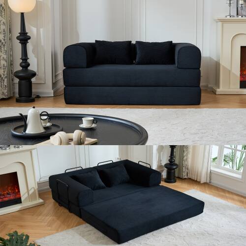 Left. Anysun - 59" Corduroy Convertible Sleeper Sofa Bed with Cylindrical Pillow - Folding Mattress Couch for Living Room & Bedroom - Black.