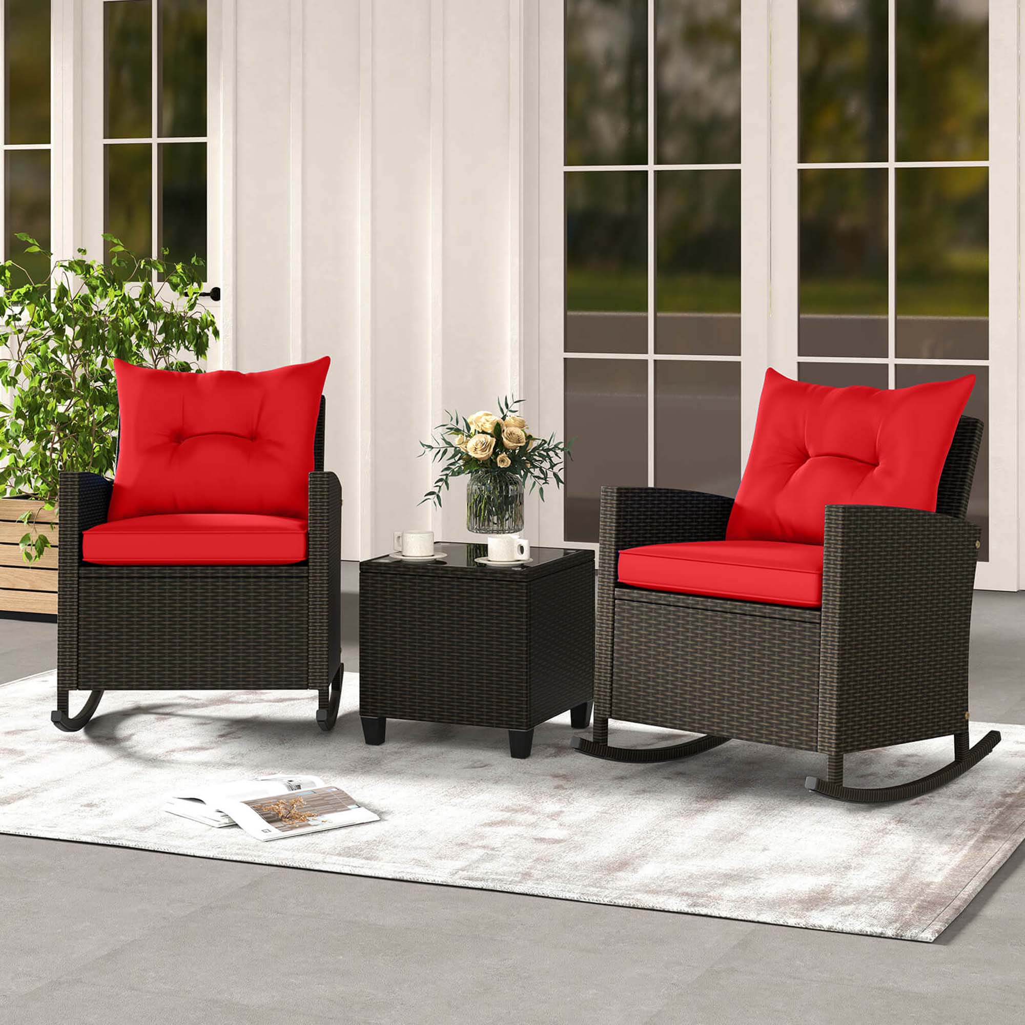 Alt View 1. Costway - 3 PCS Patio Wicker Rocking Set with Tempered Glass Table & Soft Cushions Outdoor - Red.