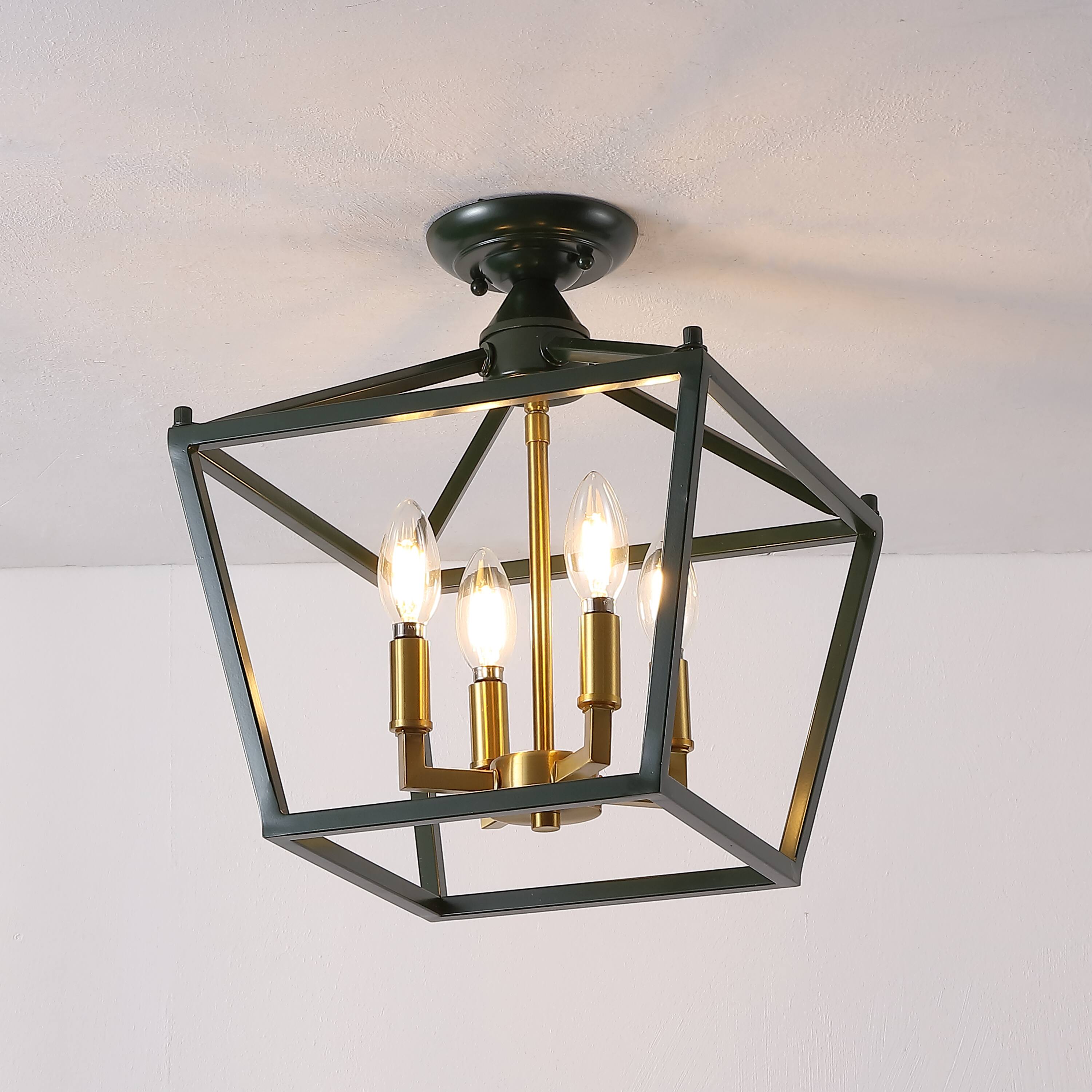 Alt View 1. Jonathan Y - Plains 12" 4-Light Modern Farmhouse Metal Open-Frame Pagoda LED Semi Flush Mount Mini Lantern, Dark Green/Brass Gold - Dark Green/Brass Gold.