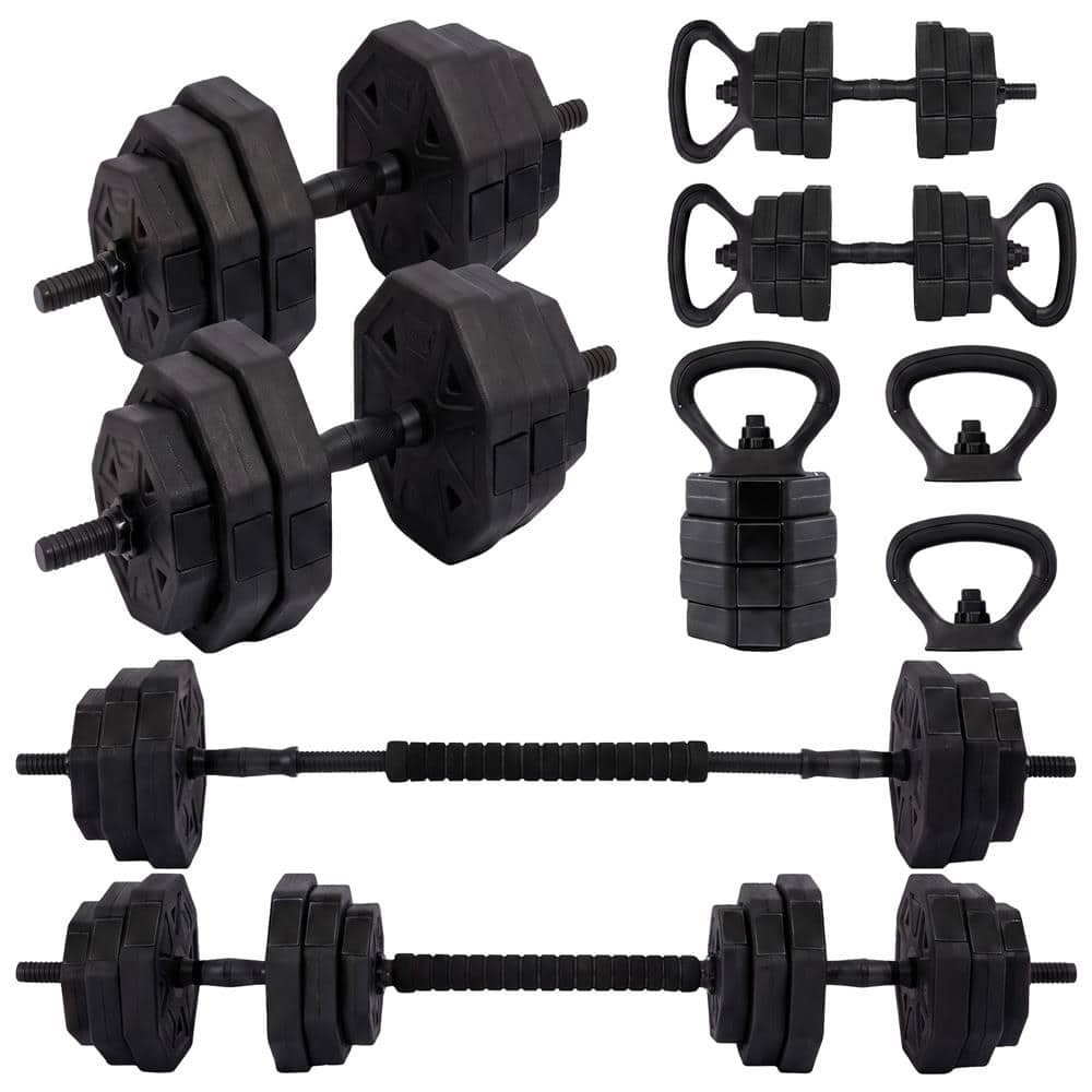 SereneLife - SQUATZ 45/70/90 lb Octagon Adjustable Dumbbell Set, 4-in-1 with Kettlebell & Barbell - Black