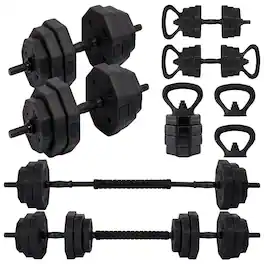 SereneLife - SQUATZ 45/70/90 lb Octagon Adjustable Dumbbell Set, 4-in-1 with Kettlebell & Barbell - Black