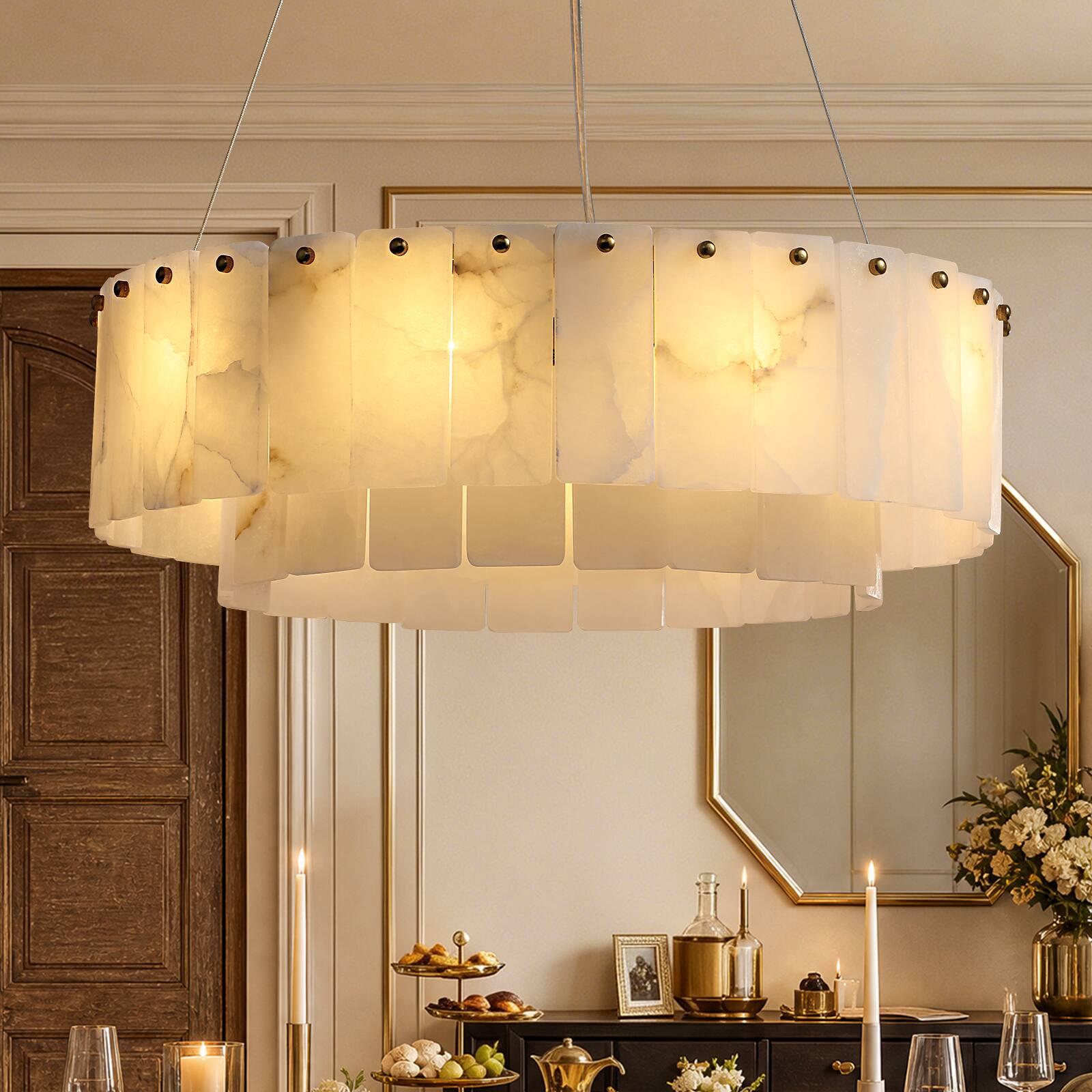Angle. Siljoy - 24-inch Modern 9-Light Brass Gold Round Alabaster Chandelier Height Adjustable Pendant for Dining Kitchen Entryway - Alabaster White.