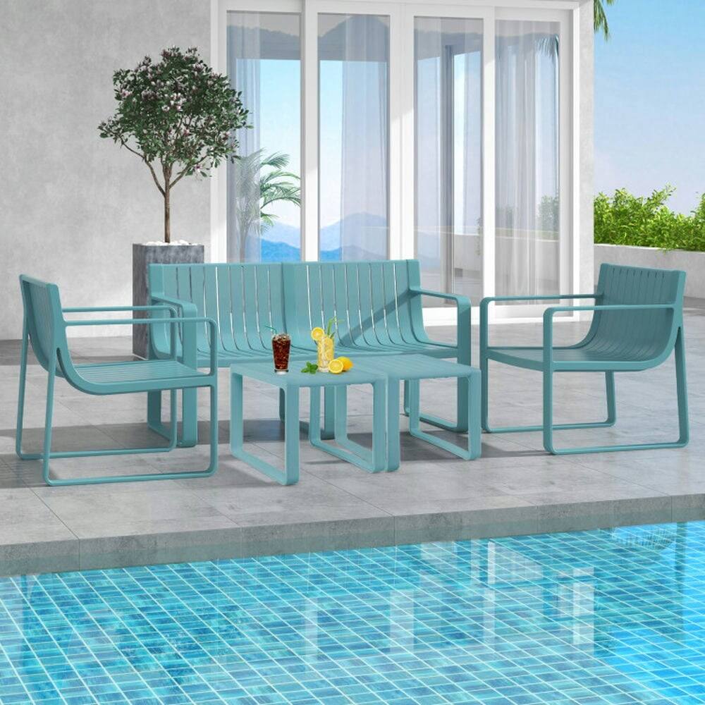 Left. Pefilos - Weather-resistant Weatherproof Plastic 2-Person Bench with Curved Backrest, Beach & Lawn Chairs for Outdoor, Blue - Blue.