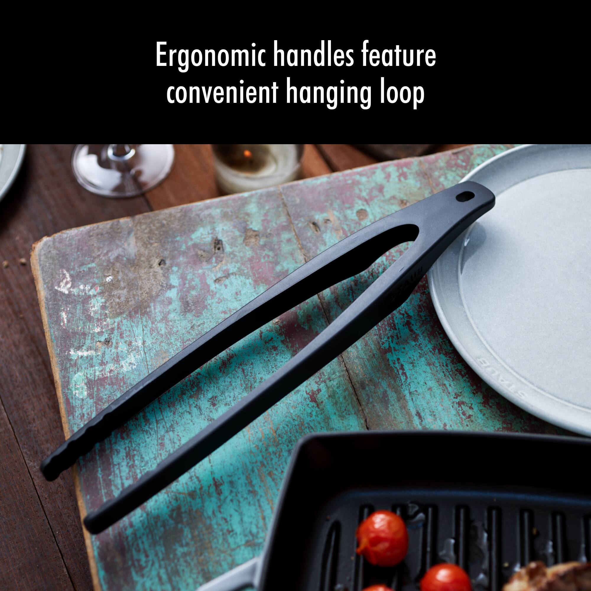 Ergonomic handles feature convenient hanging loop