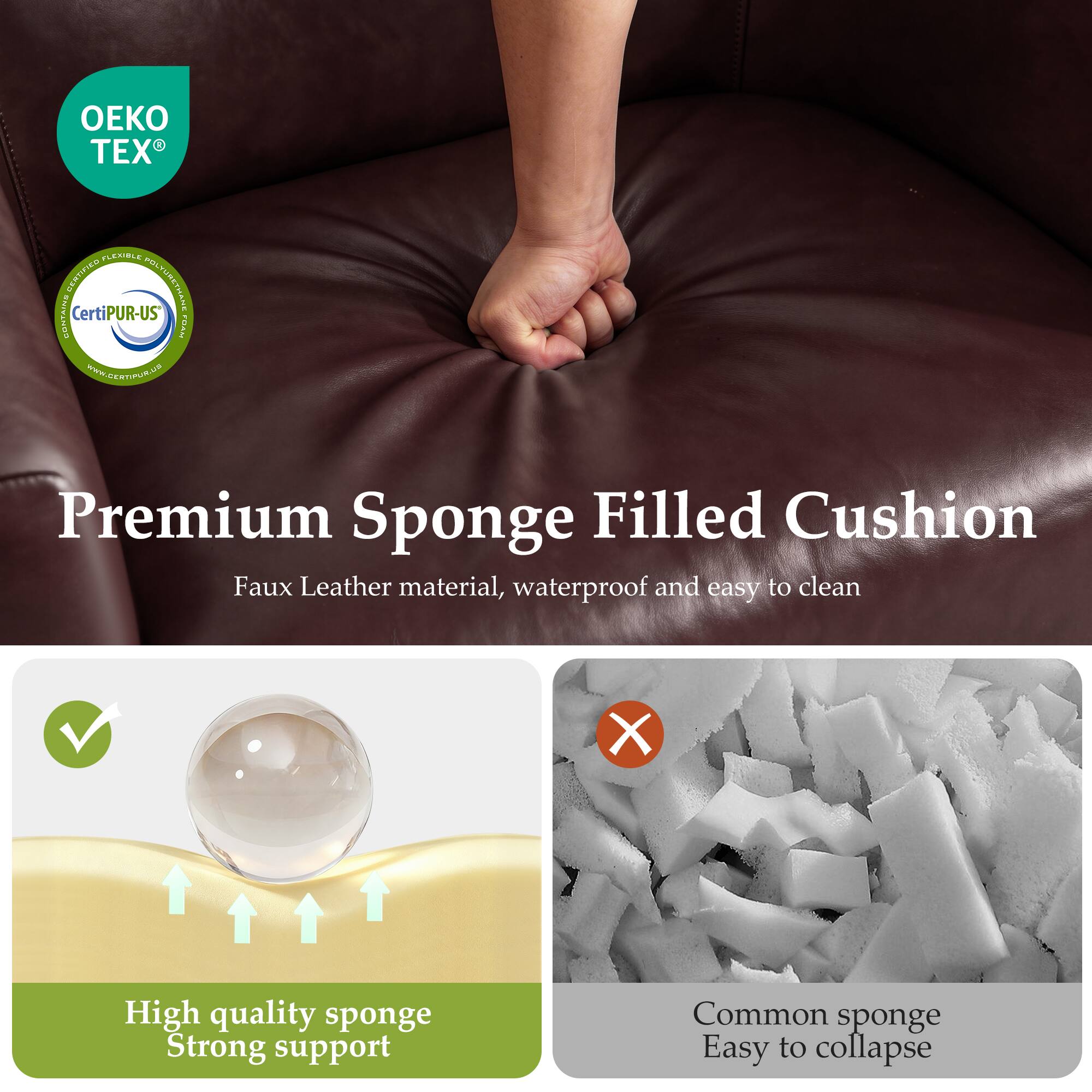 Premium Sponge Filled Cushion  
Faux Leather material, waterproof and easy to clean  

High quality sponge  
Strong support  

Common sponge  
Easy to collapse